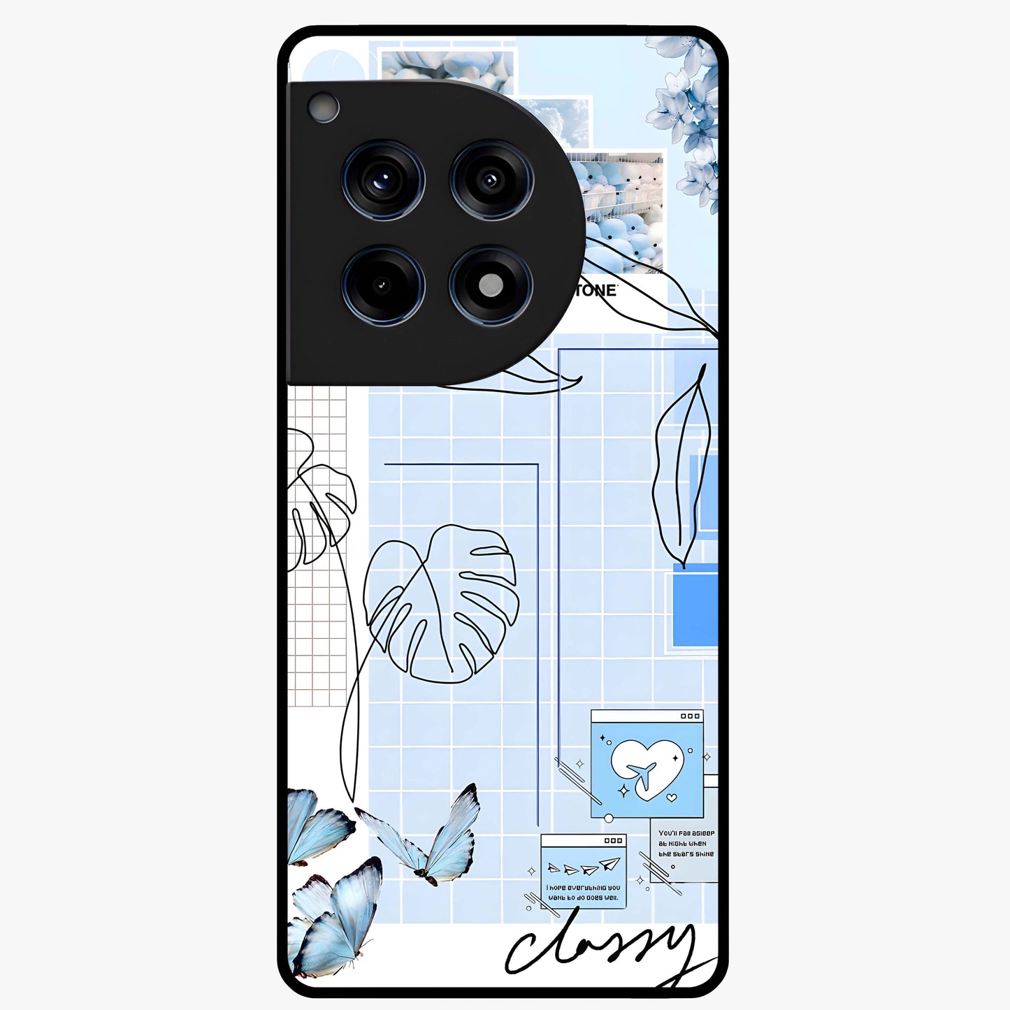 Blue Aesthetic Flower Glass Case for 1+12R elegant front view featuring soft blue floral artwork