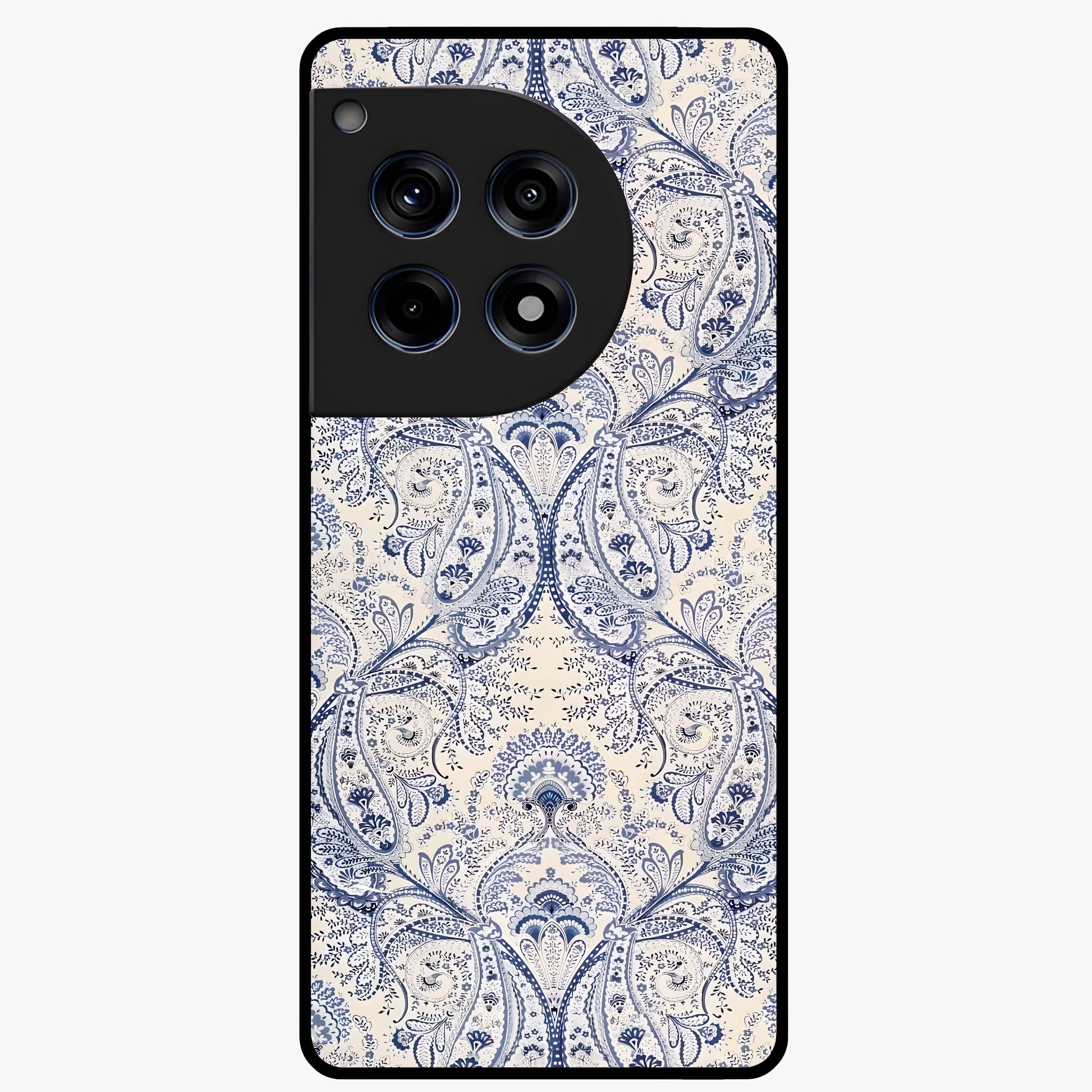 Blue Paisley Bloom Glass Case for 1+12R intricate front view featuring paisley floral artwork in rich blue tones