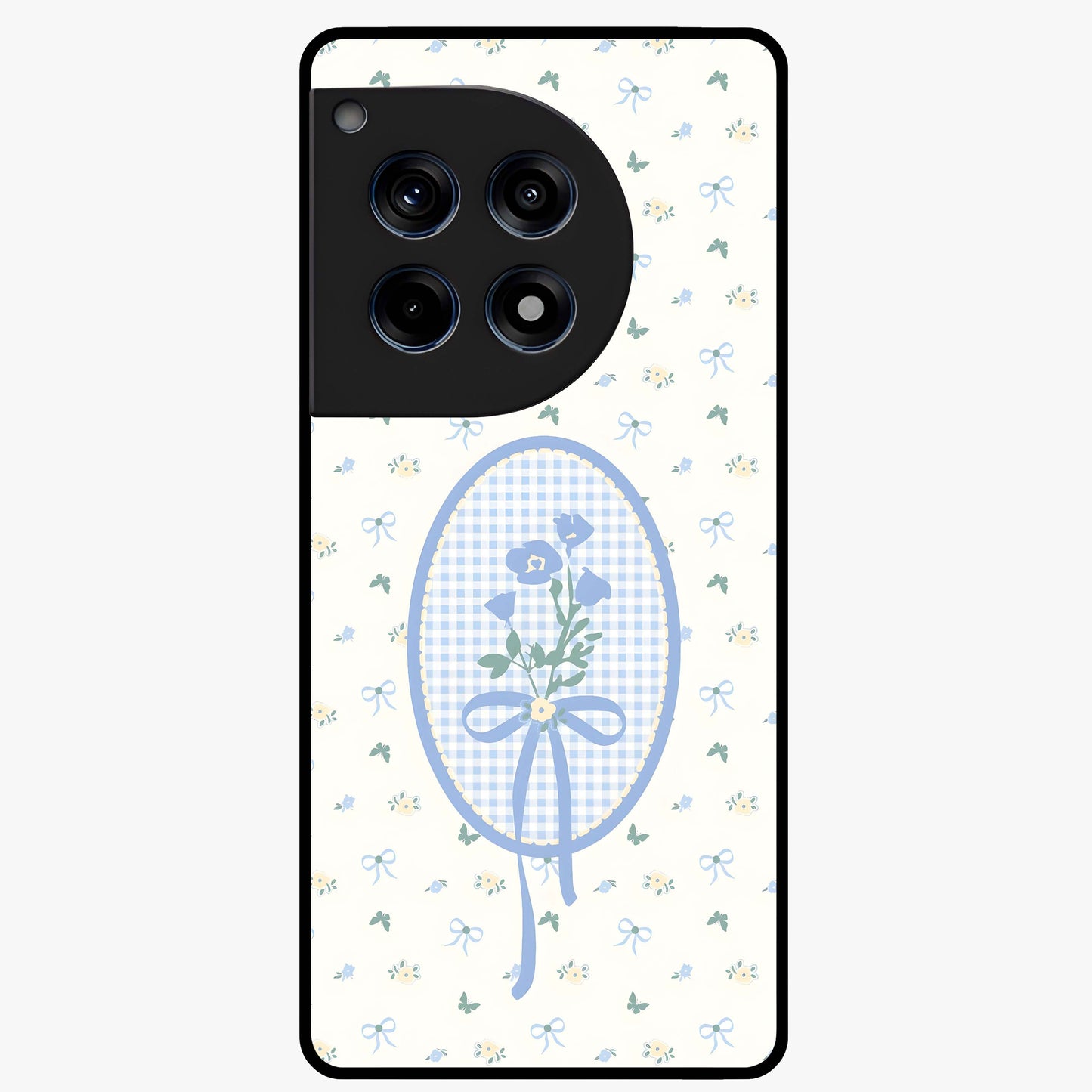 Blue Ribbon Bloom Glass Case for 1+12R elegant front view featuring soft floral artwork with ribbon accents