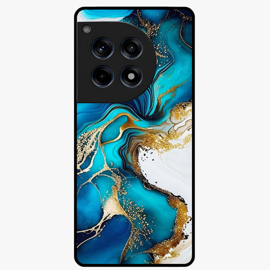 Blue and White Marble With Golden Viens Art Glass Case for 1+12R luxurious front view featuring marble texture with golden vein detailing