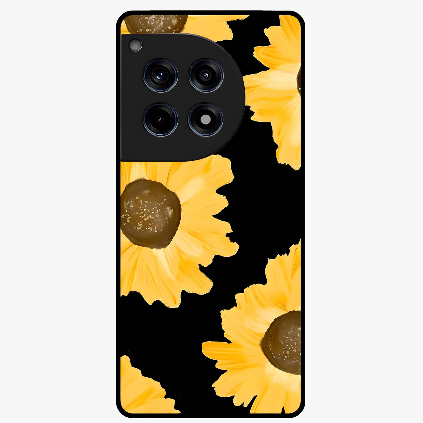 Bold Sunflowers Glow Glass Case for 1+12R vibrant front view featuring radiant sunflower artwork with warm golden tones
