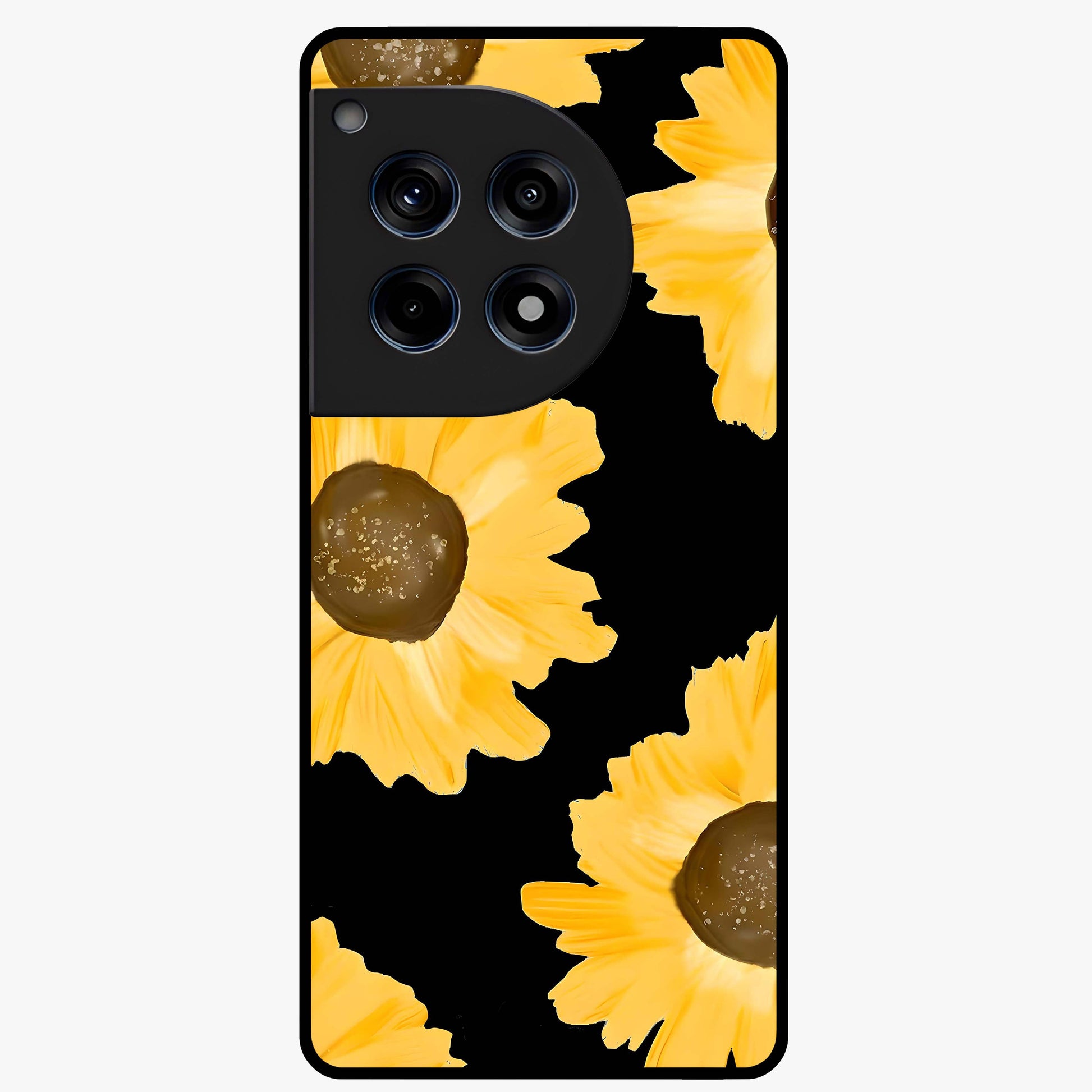 Bold Sunflowers Glow Glass Case for 1+12R vibrant front view featuring radiant sunflower artwork with warm golden tones