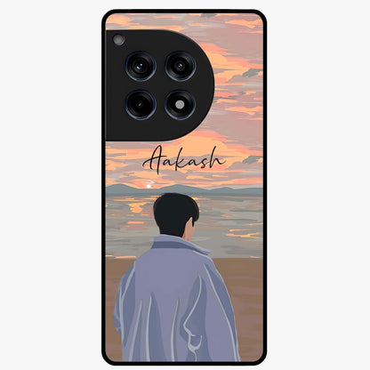 Boy Facing Sunset Beach Glass Case for 1+12R scenic front view featuring silhouette artwork against glowing sunset sky