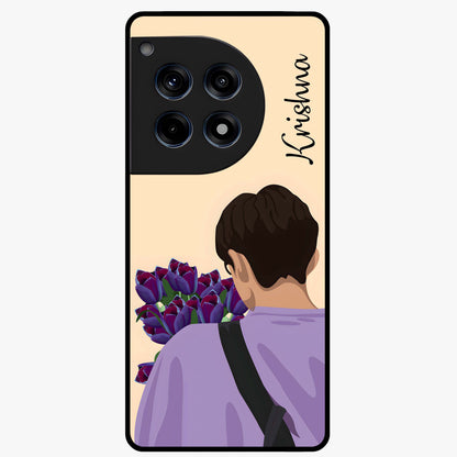 Boy Holding Flowers Glass Case for 1+12R aesthetic front view featuring soft illustrated character holding floral bouquet