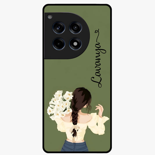 Braided Spring Beauty With Custom Name Glass Case for 1+12R elegant front view featuring braided floral artwork with personalized name design