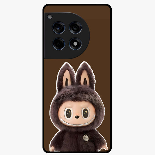 Brown Labubu Design Glass Case for 1+12R cute front view featuring playful Labubu character artwork in warm brown tones