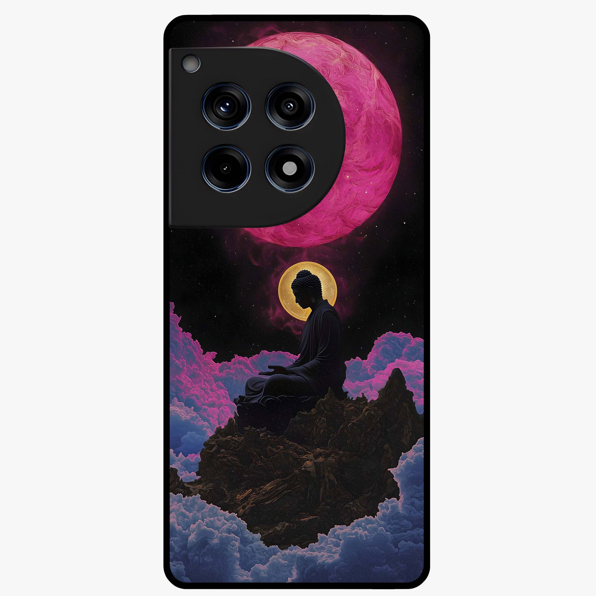 Buddha and Planets Glass Case for 1+12R serene front view featuring Buddha artwork with cosmic planetary background