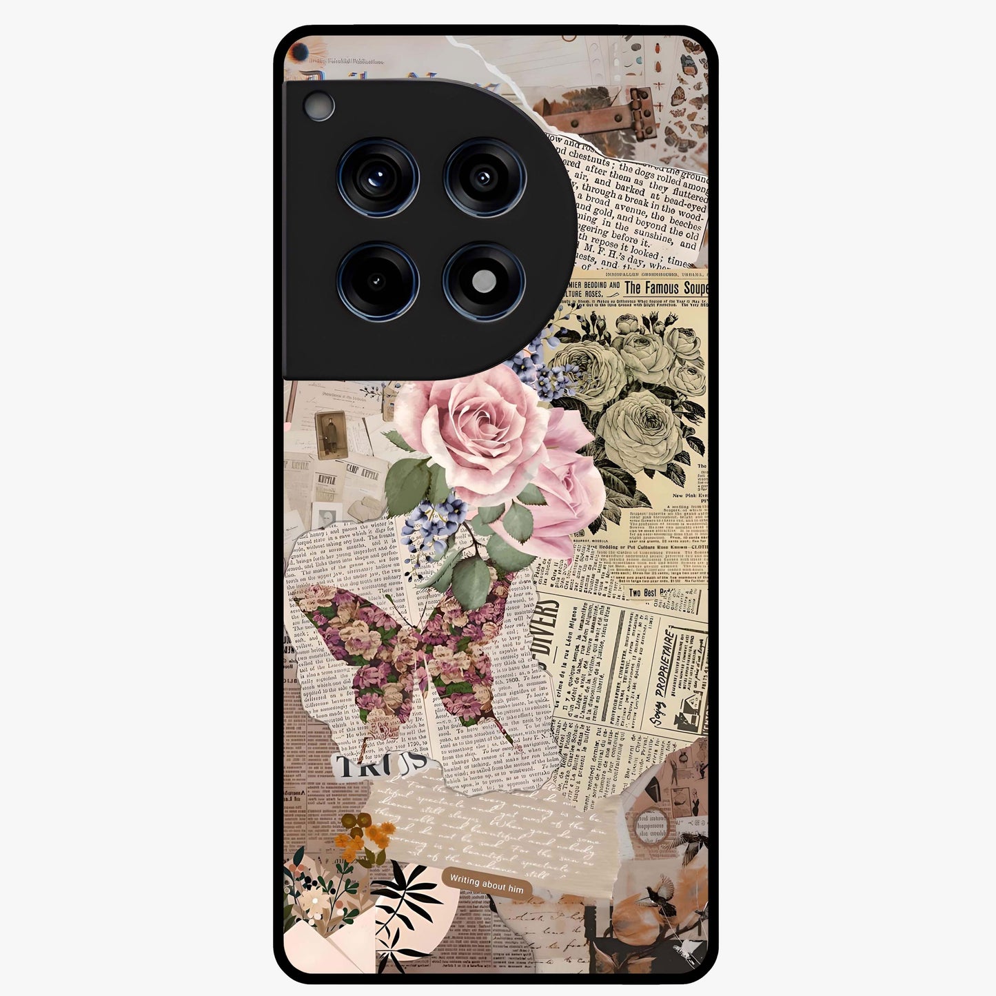 Butterfly News Bloom Glass Case for 1+12R artistic front view featuring blooming floral and butterfly themed artwork