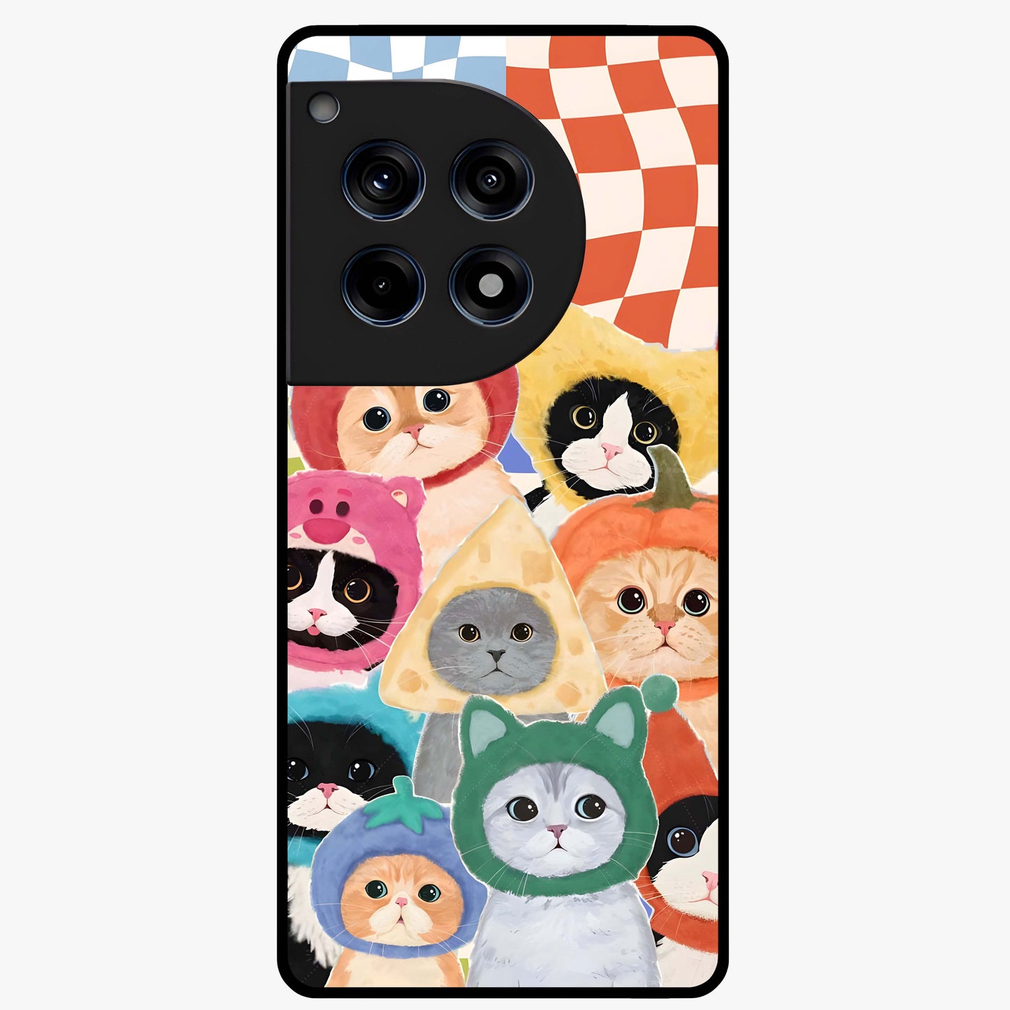 Cats in Fruits Glass Case for 1+12R playful front view featuring cute cat illustrations with vibrant fruit artwork