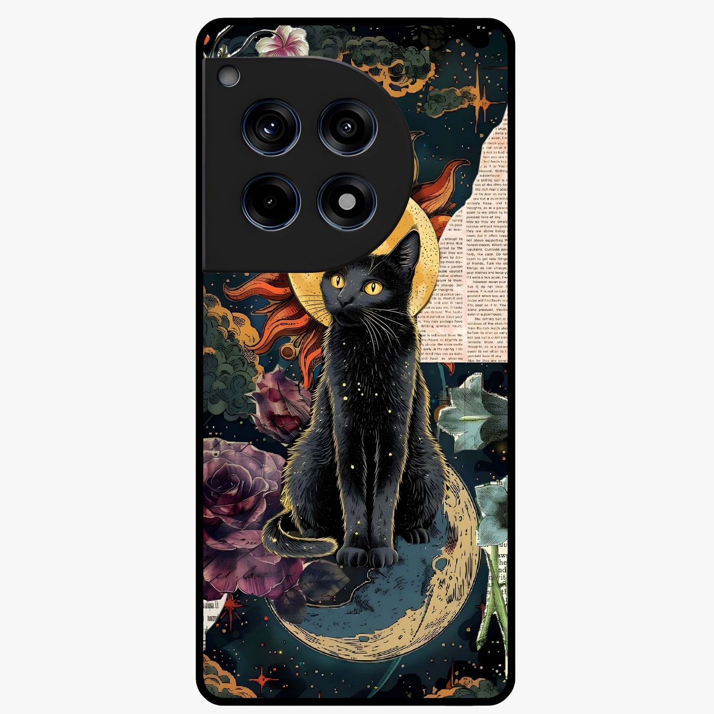 Celestial Black Cat Glass Case for 1+12R mystical front view featuring black cat artwork with cosmic background