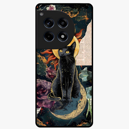 Celestial Black Cat Glass Case for 1+12R mystical front view featuring black cat artwork with cosmic background