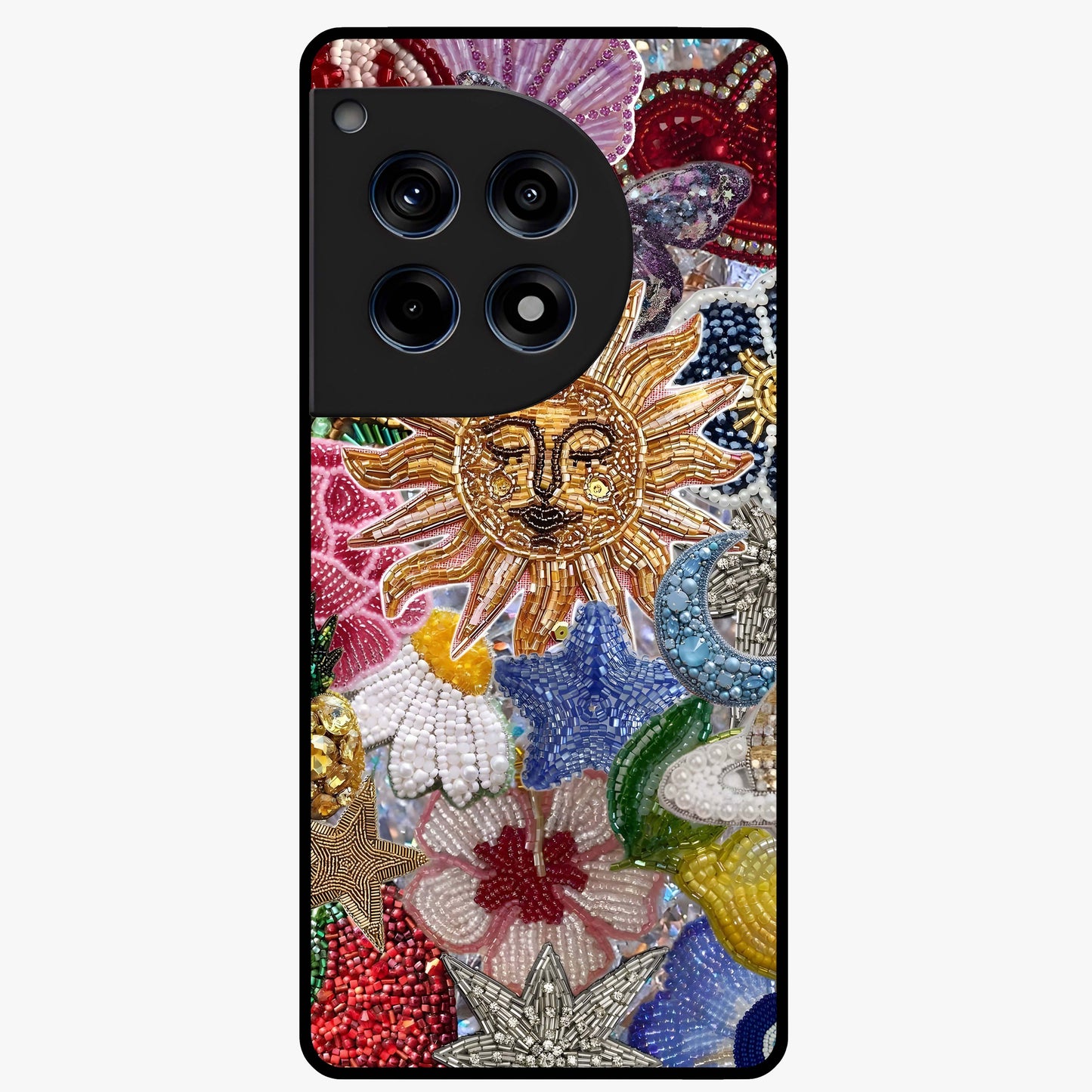 Celestial Floral and Playful Glass Case for 1+12R vibrant front view featuring floral artwork blended with cosmic elements