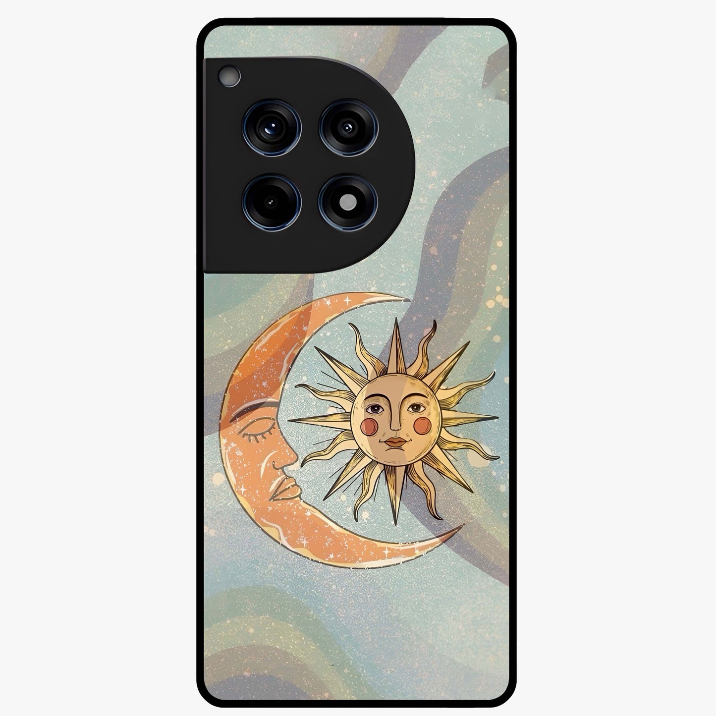Celestial Harmony Vibes Glass Case for 1+12R serene front view featuring balanced cosmic artwork with calming tones