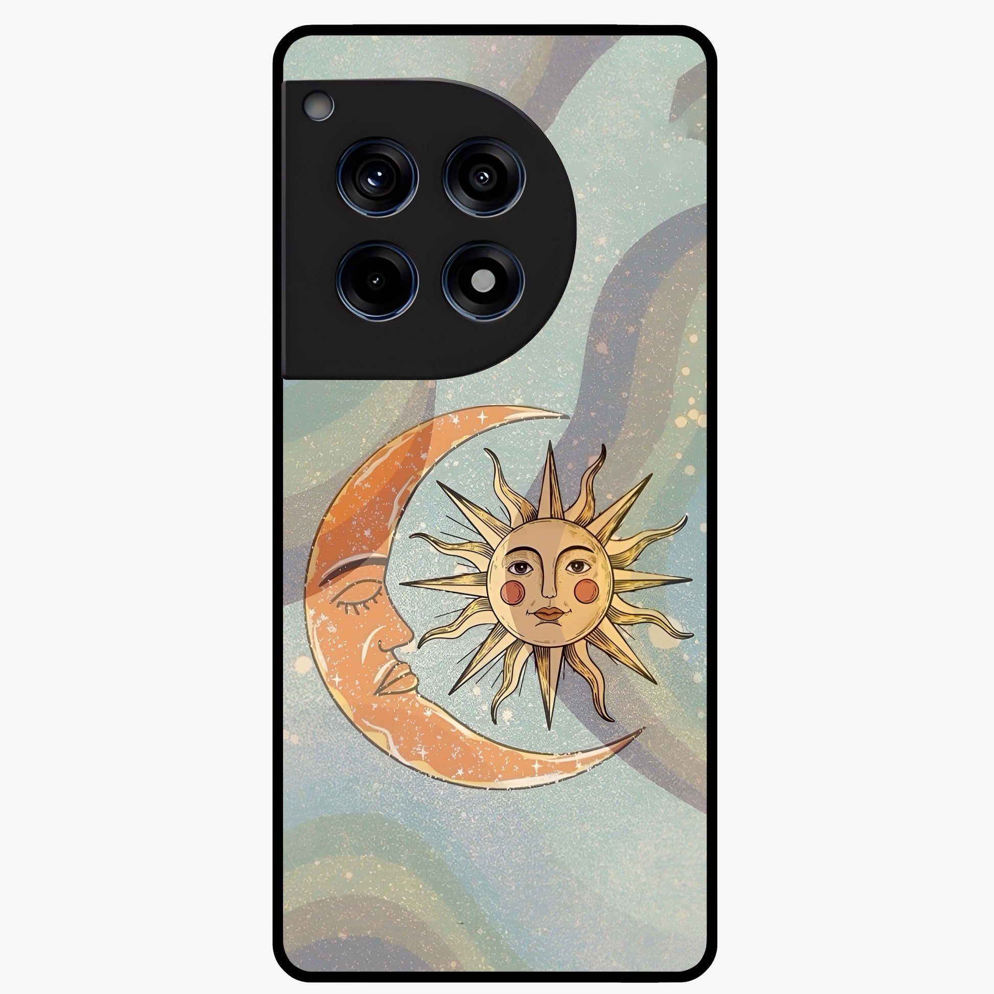 Celestial Harmony Vibes Glass Case for 1+12R serene front view featuring balanced cosmic artwork with calming tones