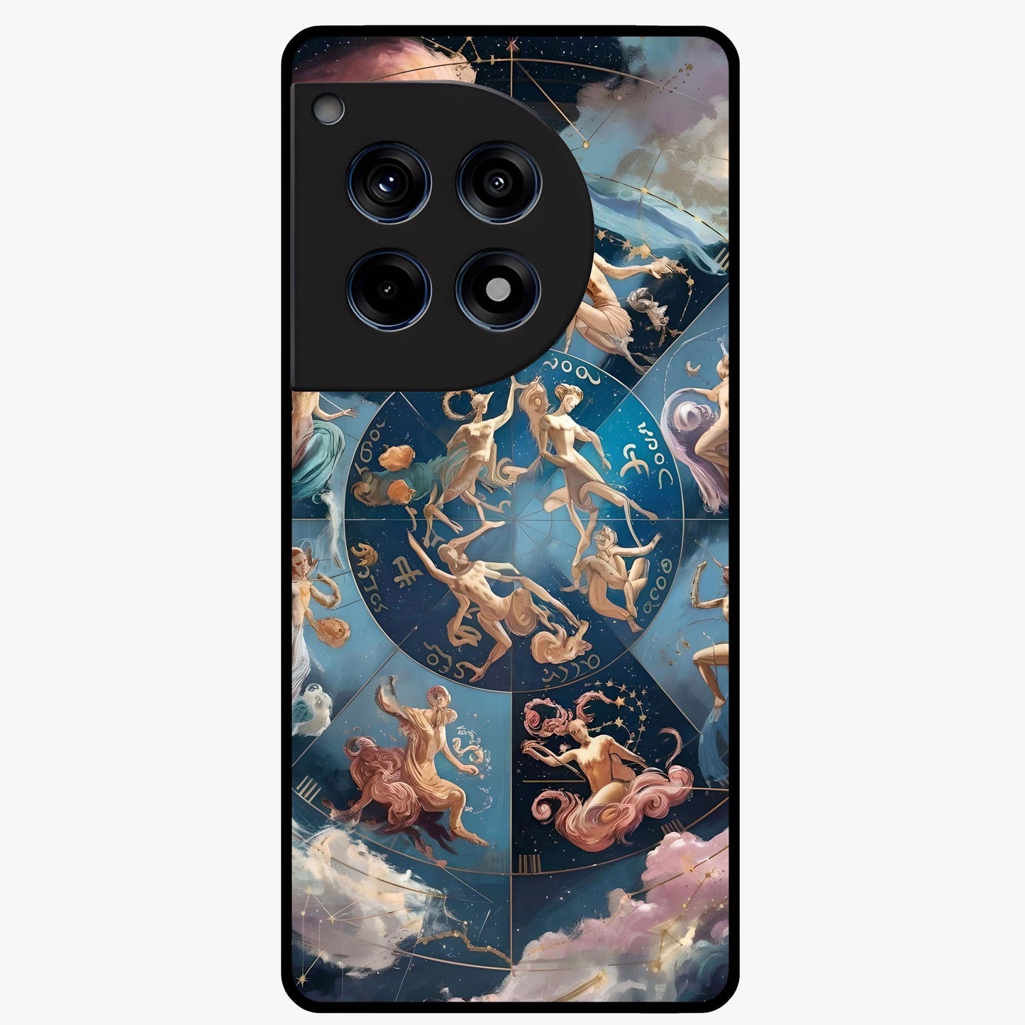 Celestial Signs Dance Glass Case for 1+12R artistic front view featuring zodiac inspired celestial symbol artwork