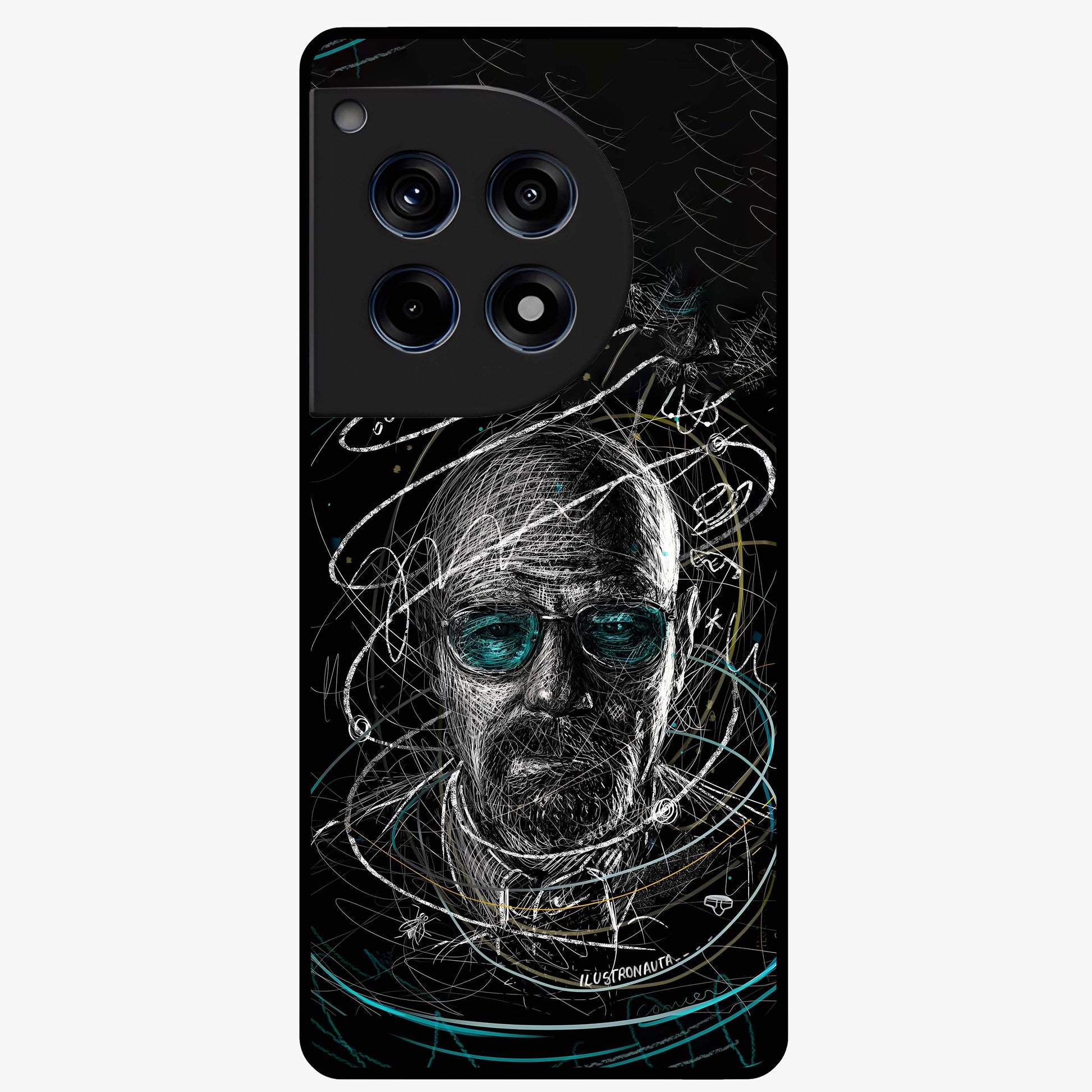 Chaotic Mind Genius Glass Case for 1+12R bold front view featuring expressive abstract typography artwork