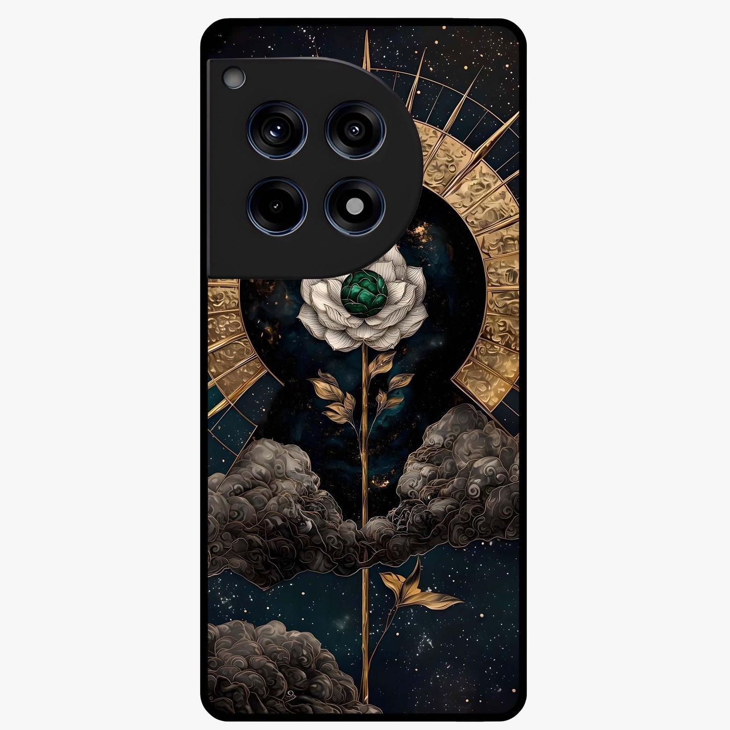 Cosmic Bloom Rose Glass Case for 1+12R elegant front view featuring rose artwork blended with cosmic background