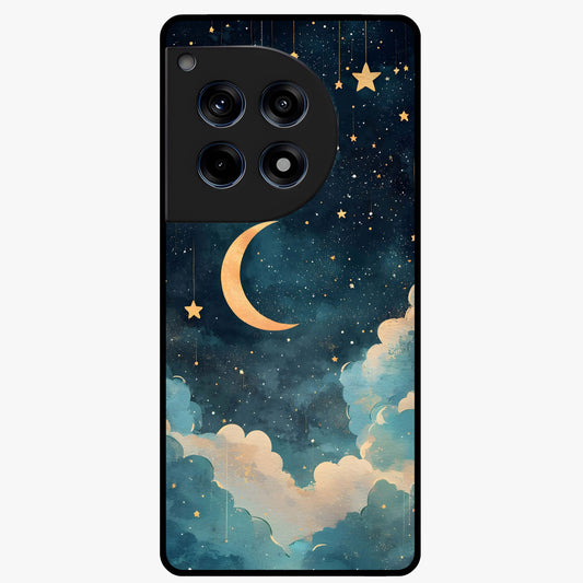 Crescent Galaxy Moon Glass Case for 1+12R mystical front view featuring crescent moon artwork with cosmic background