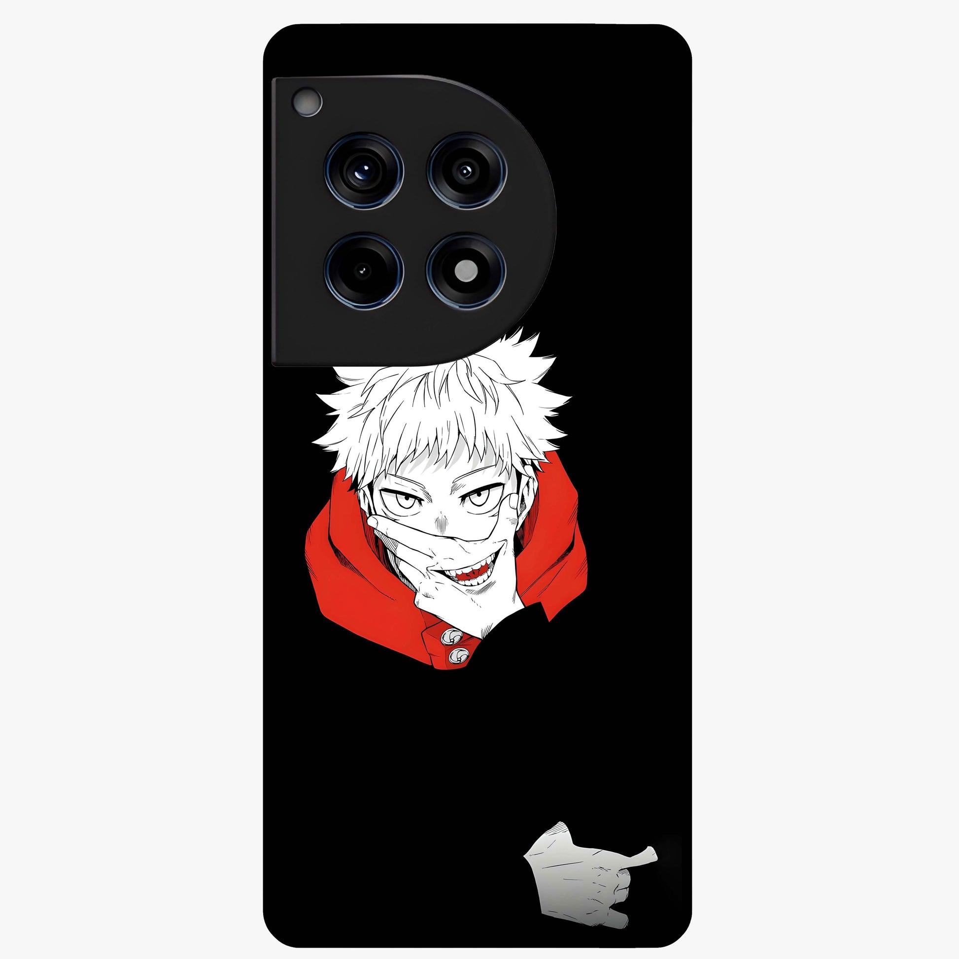 Crimson Chaos Smile Glass Case for 1+12R bold front view featuring edgy smile artwork in deep crimson tones