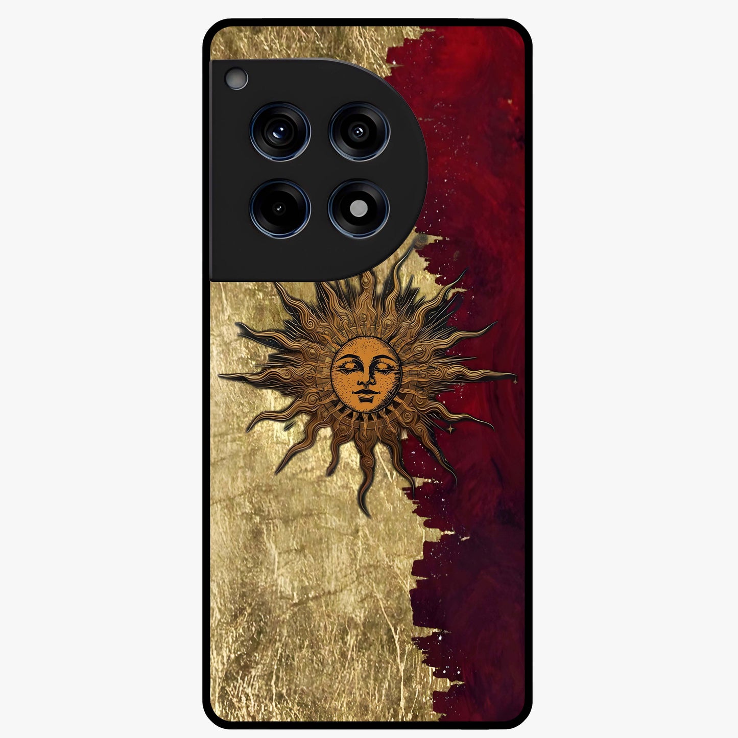 Crimson Sun Majesty Glass Case for 1+12R radiant front view featuring glowing sun artwork in deep red hues