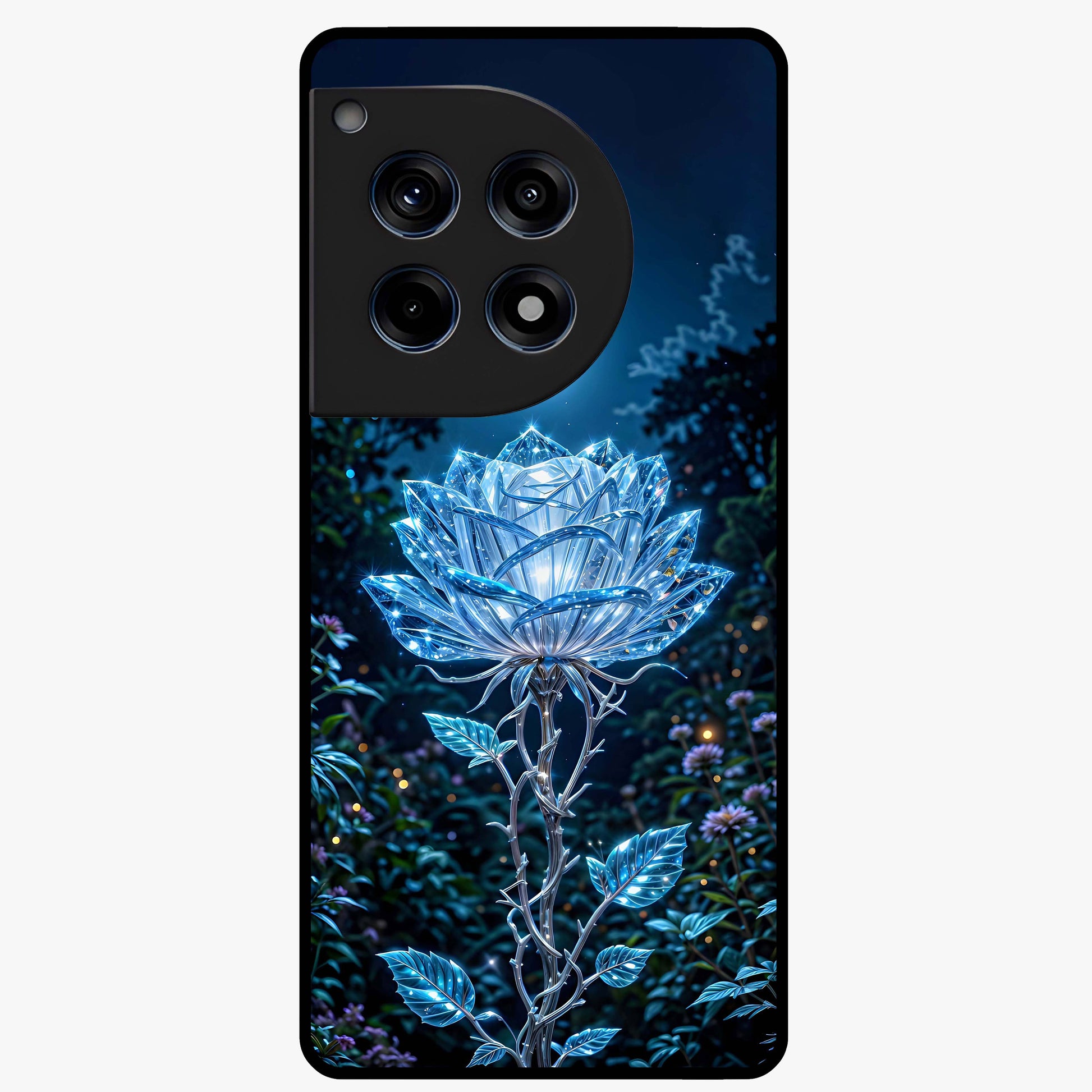 Crystal Moon Lotus Glass Case for 1+12R serene front view featuring glowing lotus artwork under crystal moonlight
