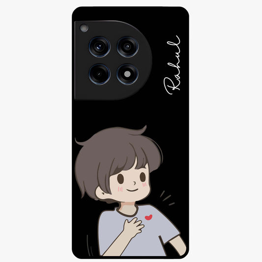 Cute Boy Heart Reaction Glass Case for 1+12R adorable front view featuring playful heart reaction character artwork