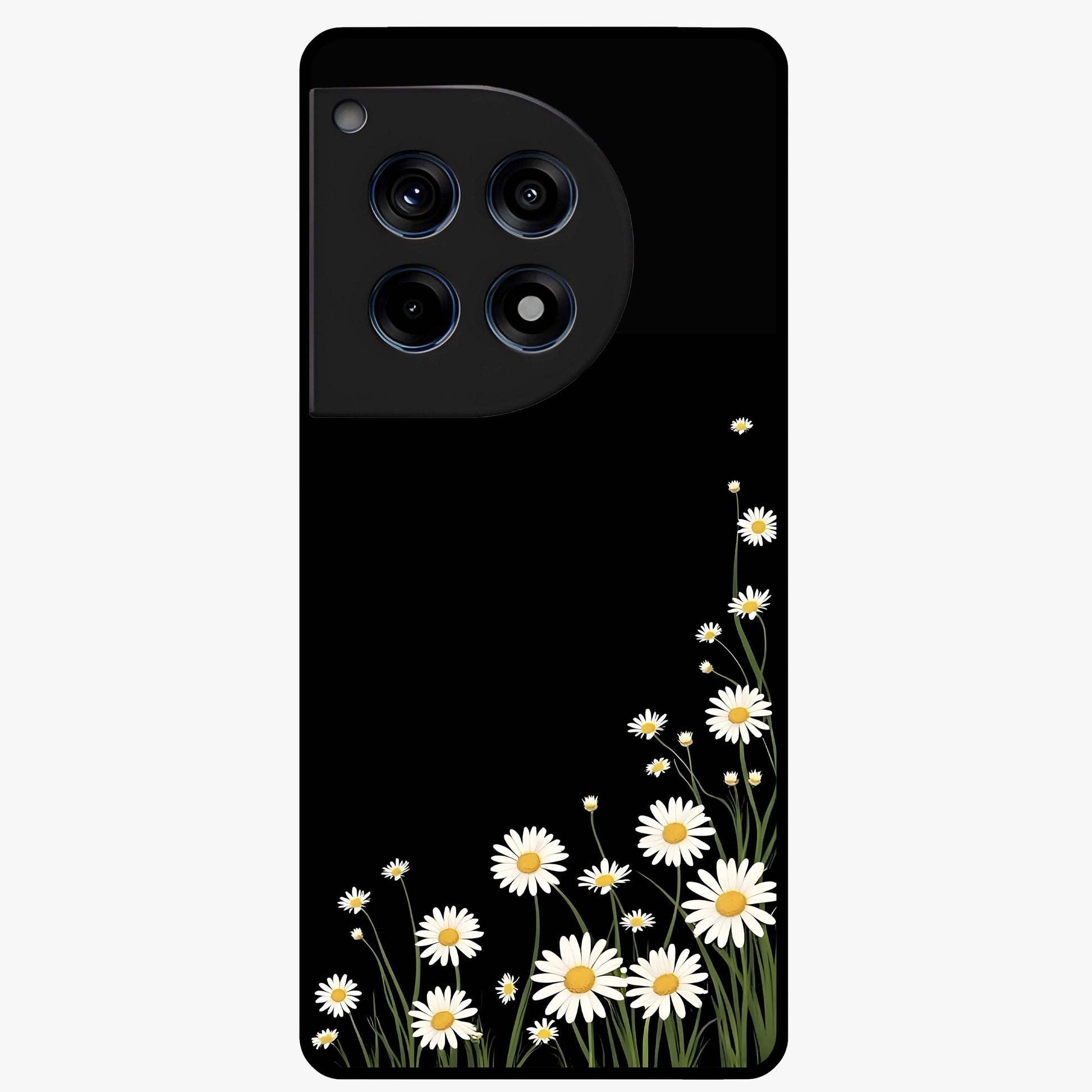 Daisy Cascade on Black Glass Case for 1+12R elegant front view featuring white daisy artwork on deep black background
