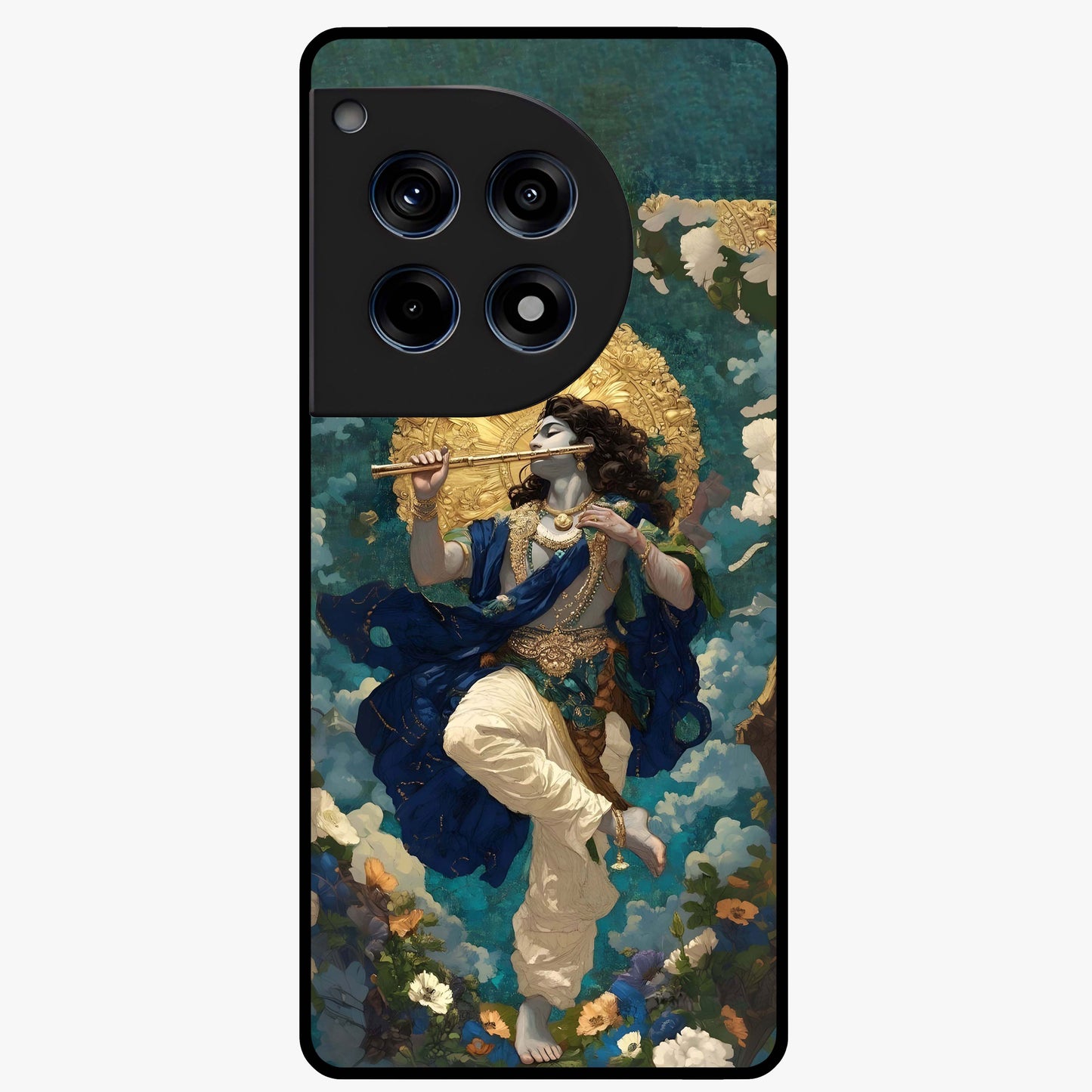 Divine Krishna Art Glass Case for 1+12R devotional front view featuring detailed Krishna artwork
