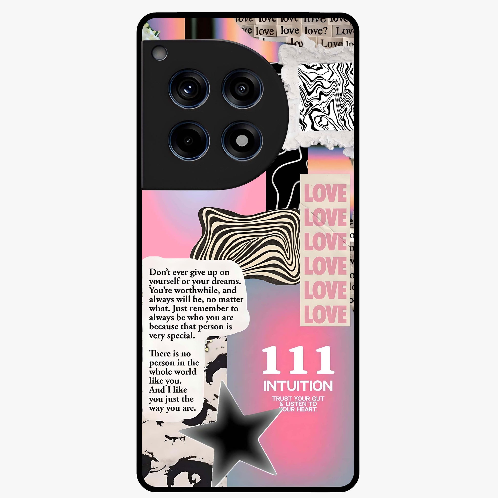 Divine Love Vibes Glass Case for 1+12R soft front view featuring romantic artistic typography design