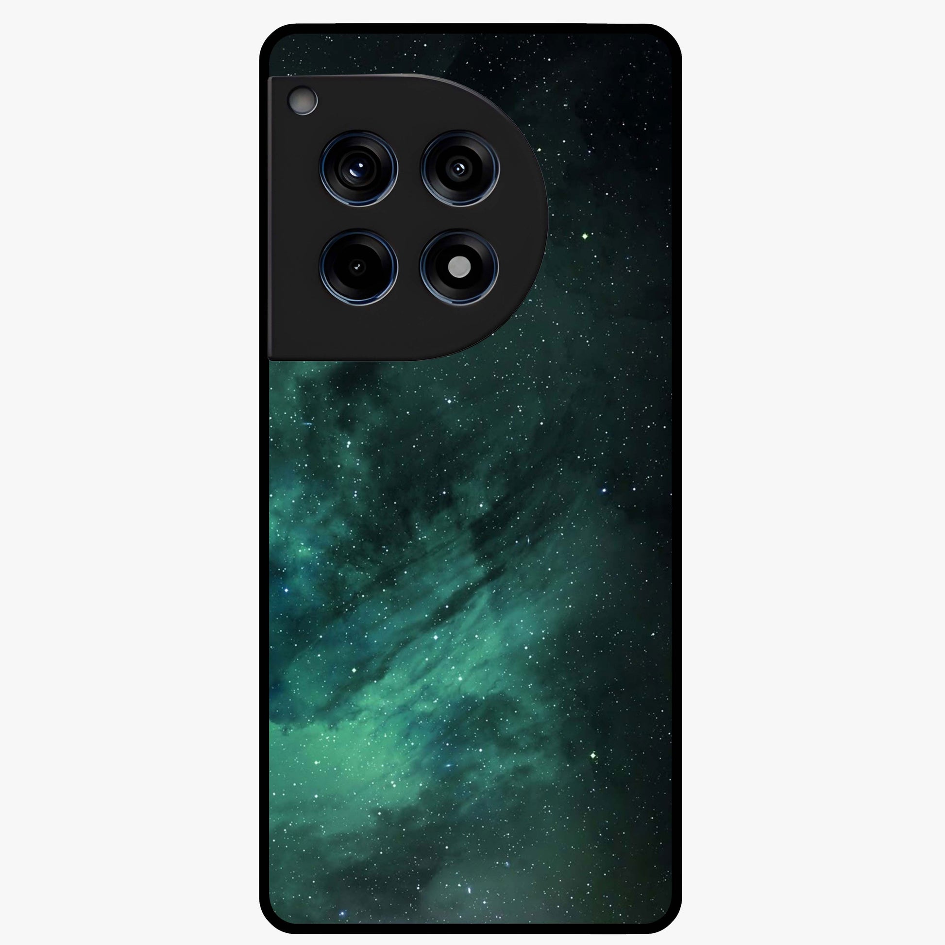 Emerald Green Space Glass Case for 1+12R vibrant front view featuring deep green cosmic inspired artwork