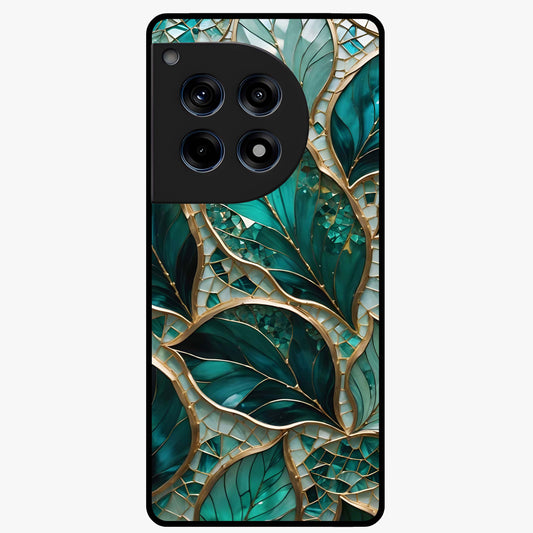 Emerald Leaf Glass Case for 1+12R minimalist front view featuring elegant green leaf artwork