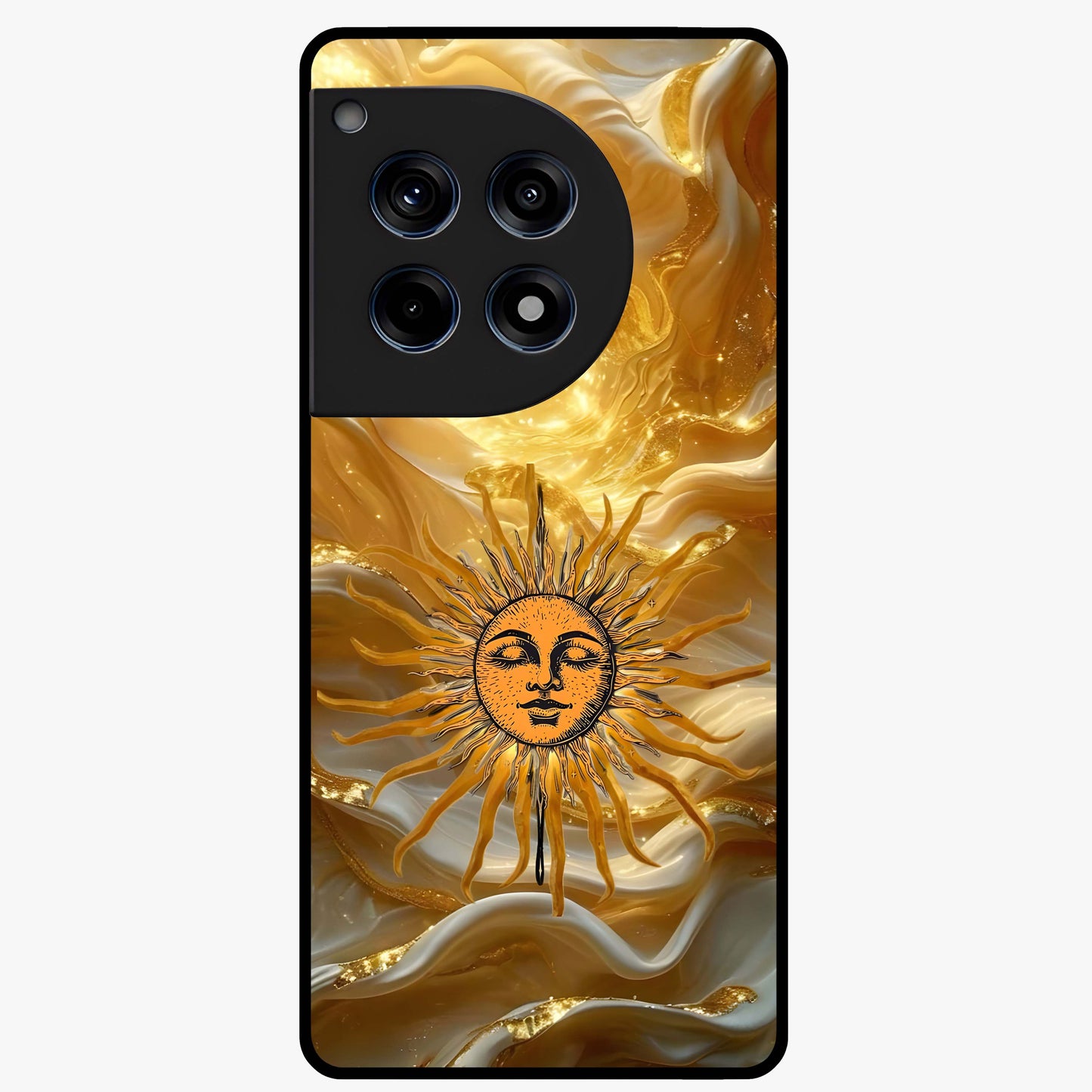 Eternal Golden Glow Glass Case for 1+12R radiant front view featuring warm golden artistic artwork