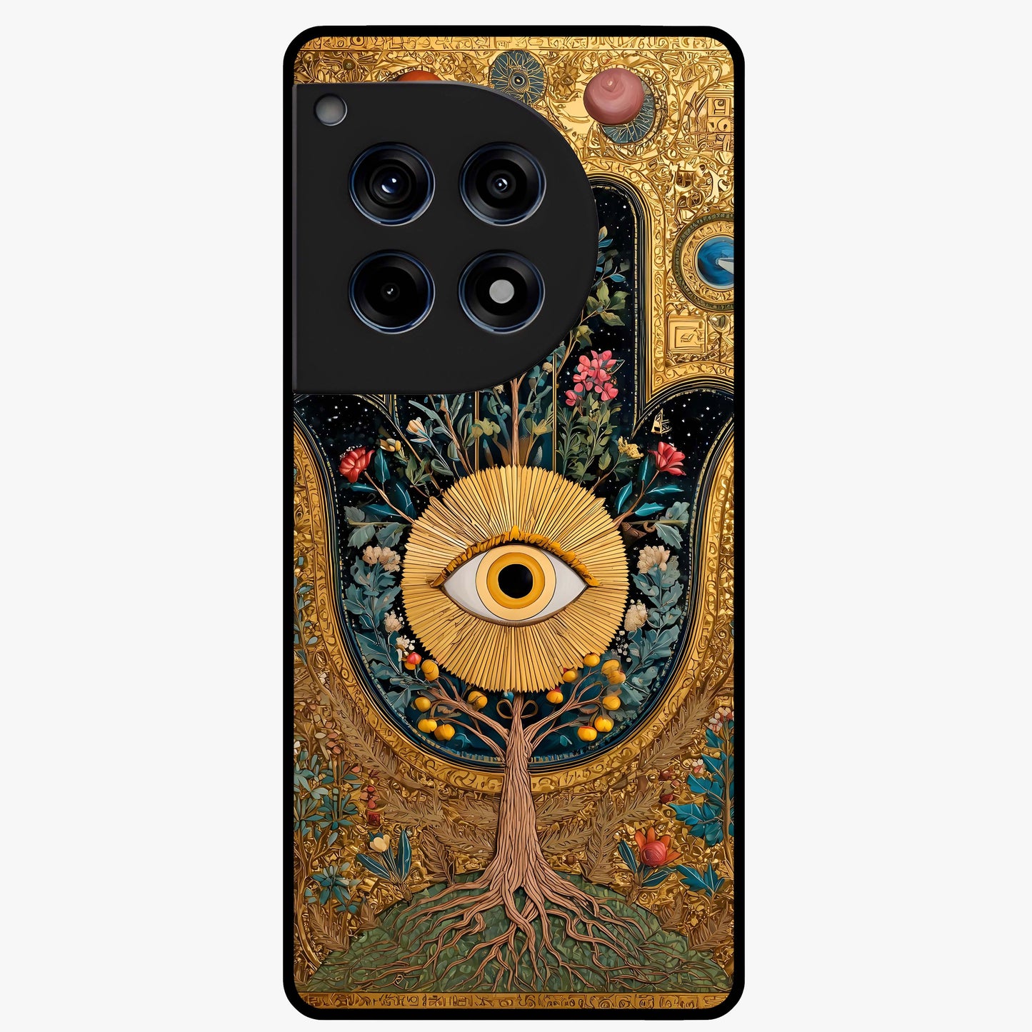 Ethereal Evil Eye Glass Case for 1+12R mystical front view featuring soft glowing evil eye artwork
