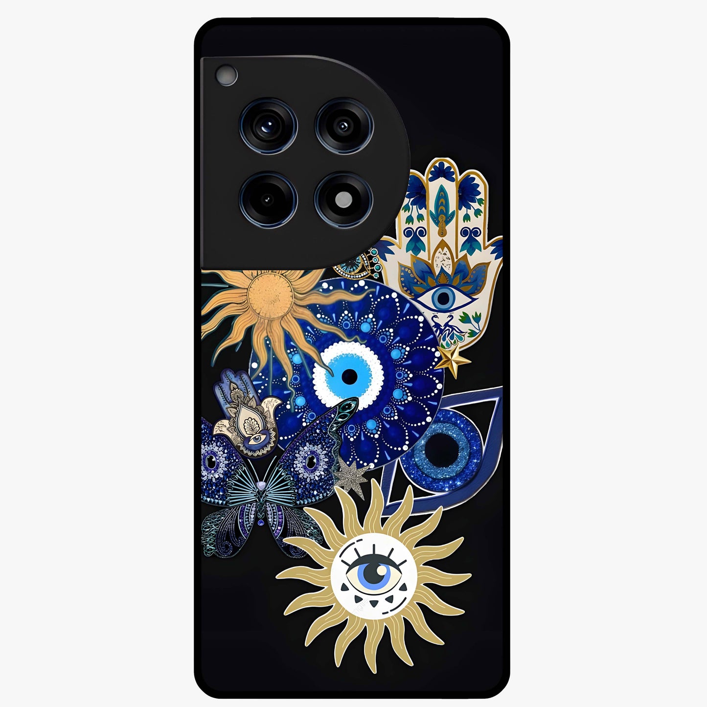 Evil Eye Charm Vibes Glass Case for 1+12R stylish front view featuring aesthetic evil eye inspired artwork