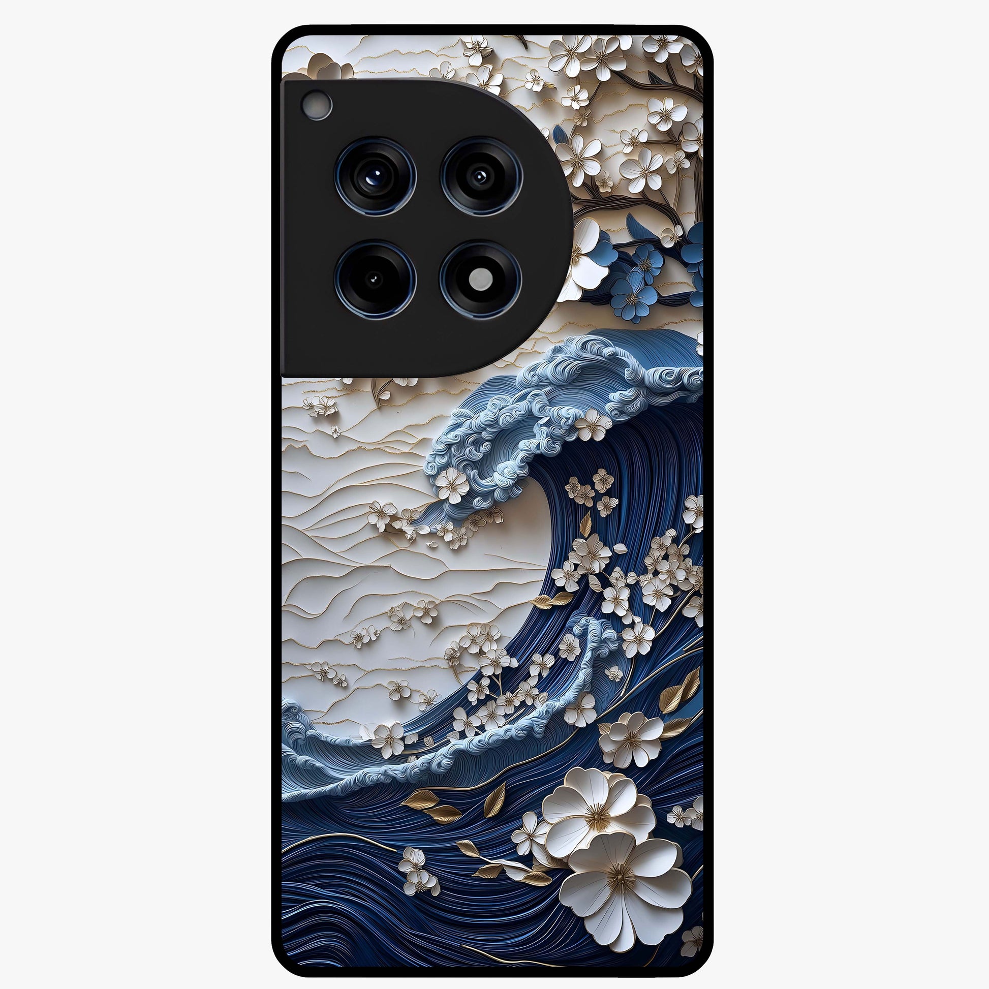 Floral Wave Origami Glass Case for 1+12R artistic front view featuring folded origami inspired floral wave artwork