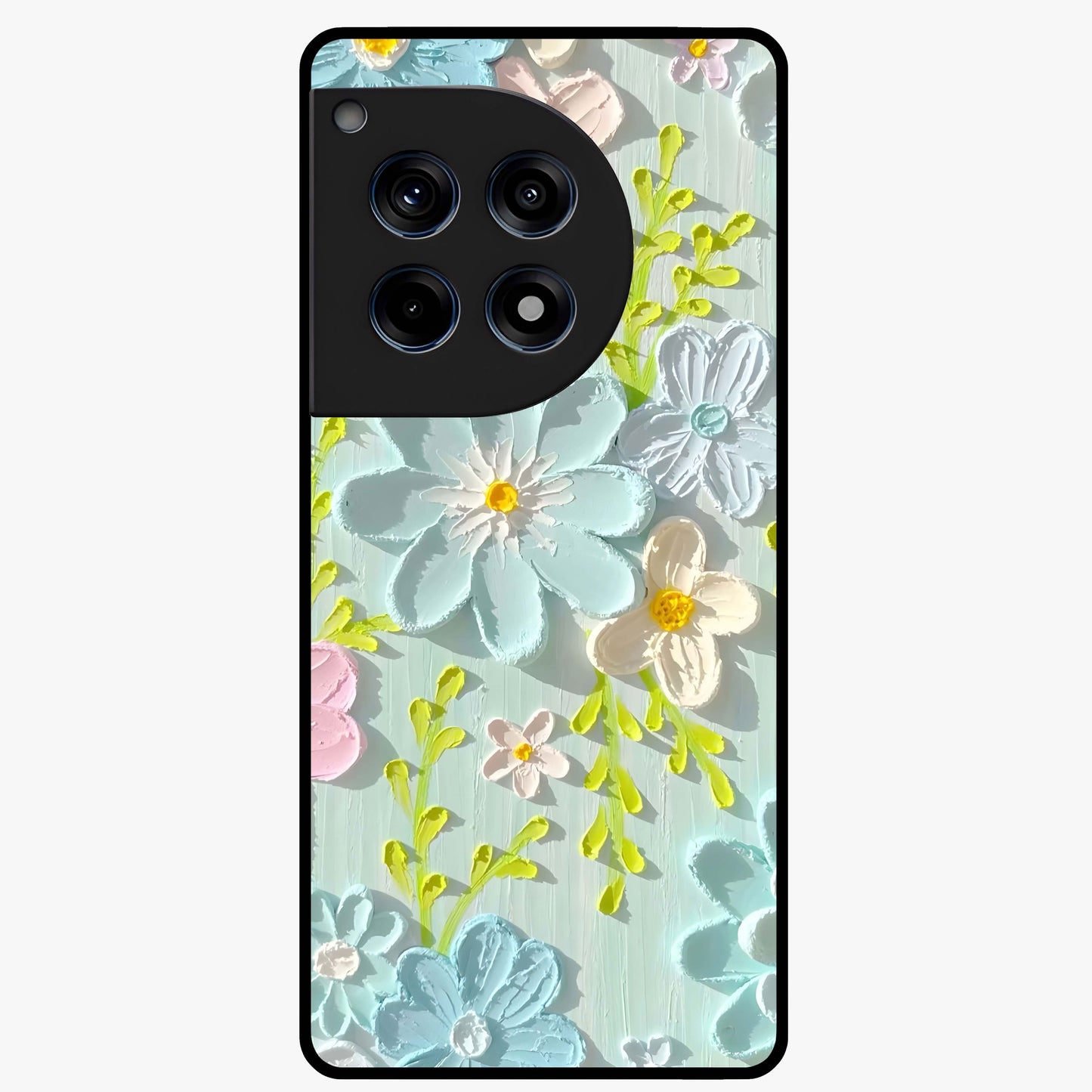 Frosted Petal Garden Glass Case for 1+12R soft front view featuring delicate floral artwork with frosted aesthetic tones