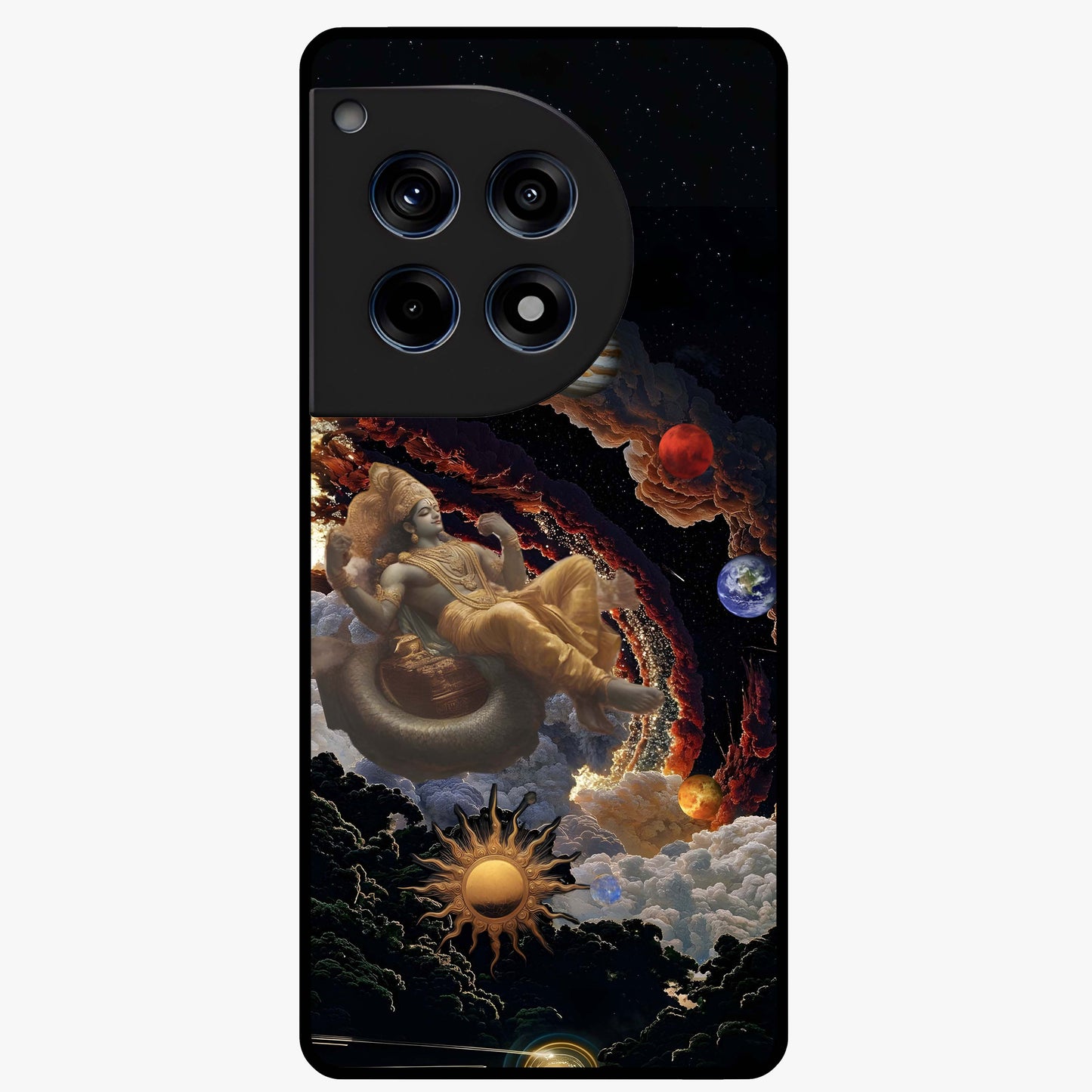 Galactic Divine God Glass Case for 1+12R powerful front view featuring divine artwork blended with cosmic background