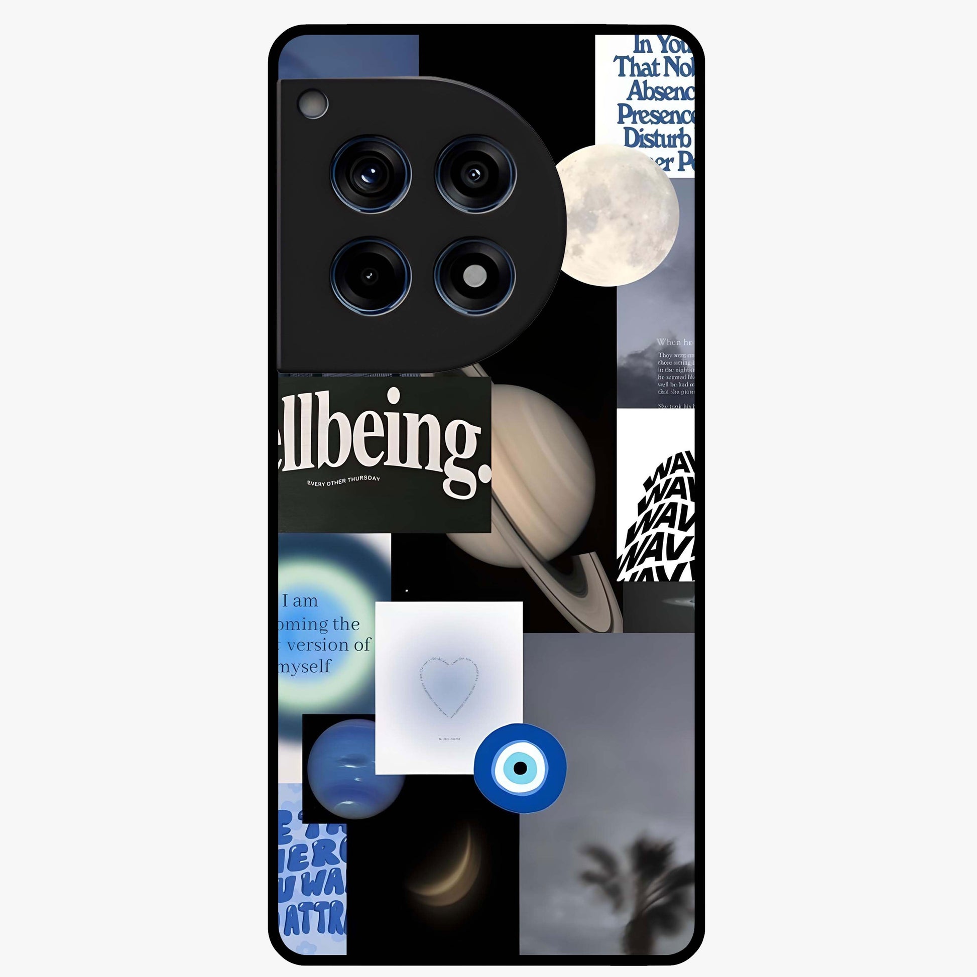 Galactic Energy Collage Glass Case for 1+12R artistic front view featuring layered cosmic collage artwork