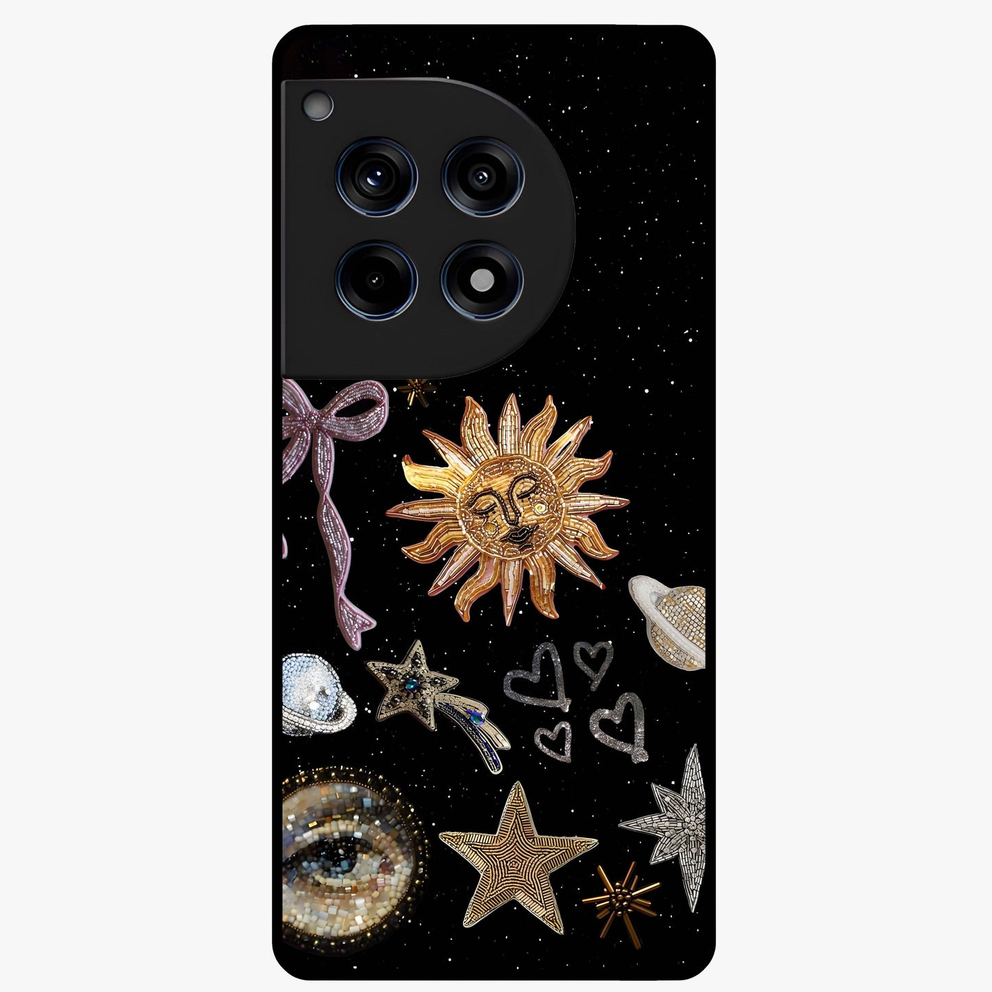 Galactic Sun Charm Glass Case for 1+12R radiant front view featuring celestial sun artwork with cosmic accents
