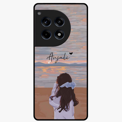 Girl Facing Sunset Beach Glass Case for 1+12R scenic front view featuring silhouette artwork against glowing sunset sky