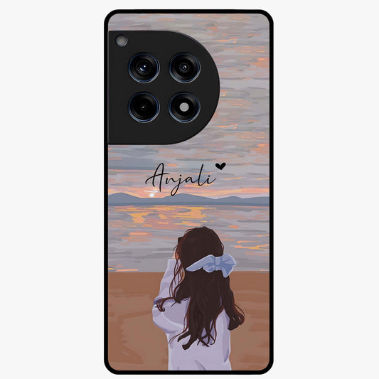 Girl Facing Sunset Beach Glass Case for 1+12R scenic front view featuring silhouette artwork against glowing sunset sky