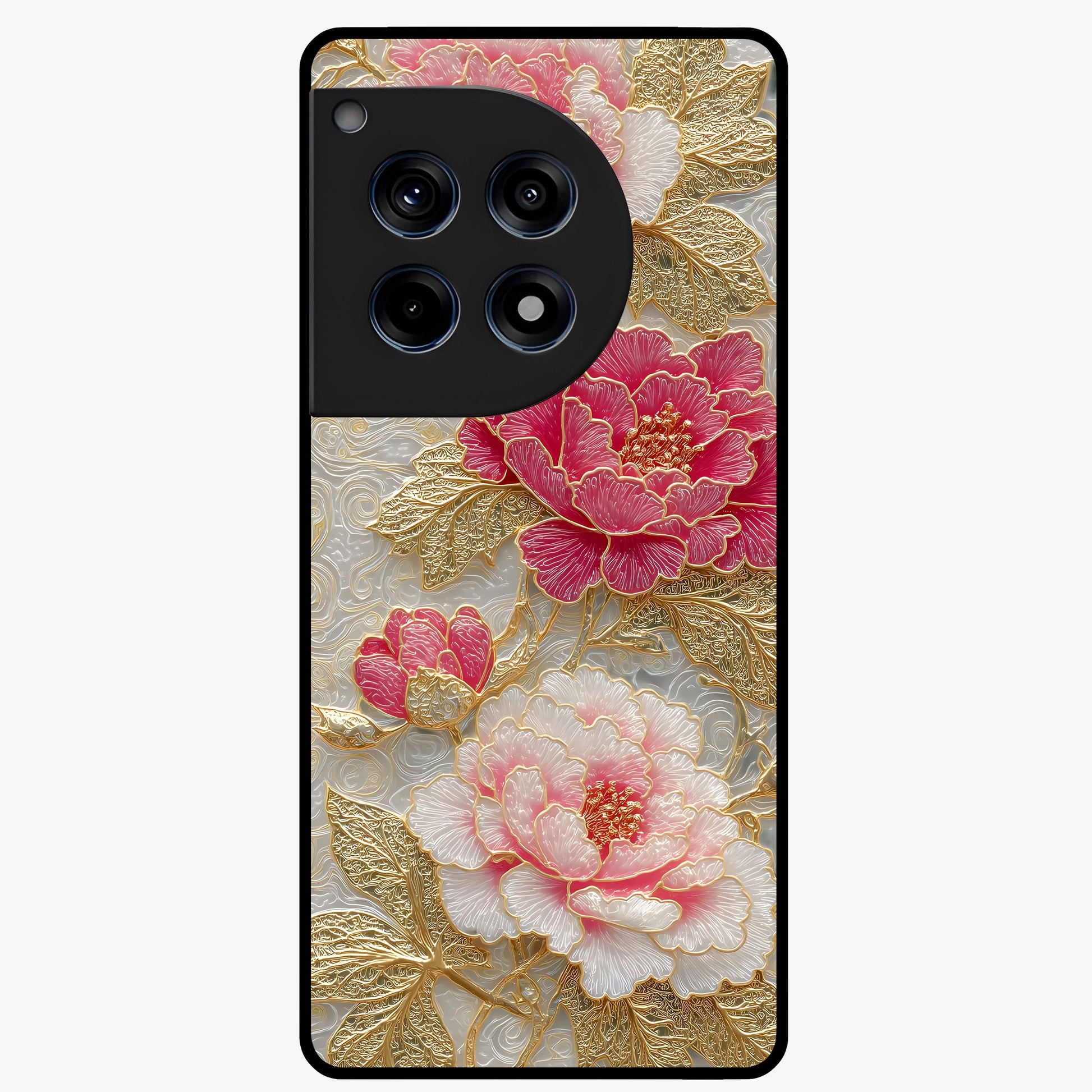 Golden Celestial Charm Glass Case for 1+12R radiant front view featuring celestial artwork with golden accents