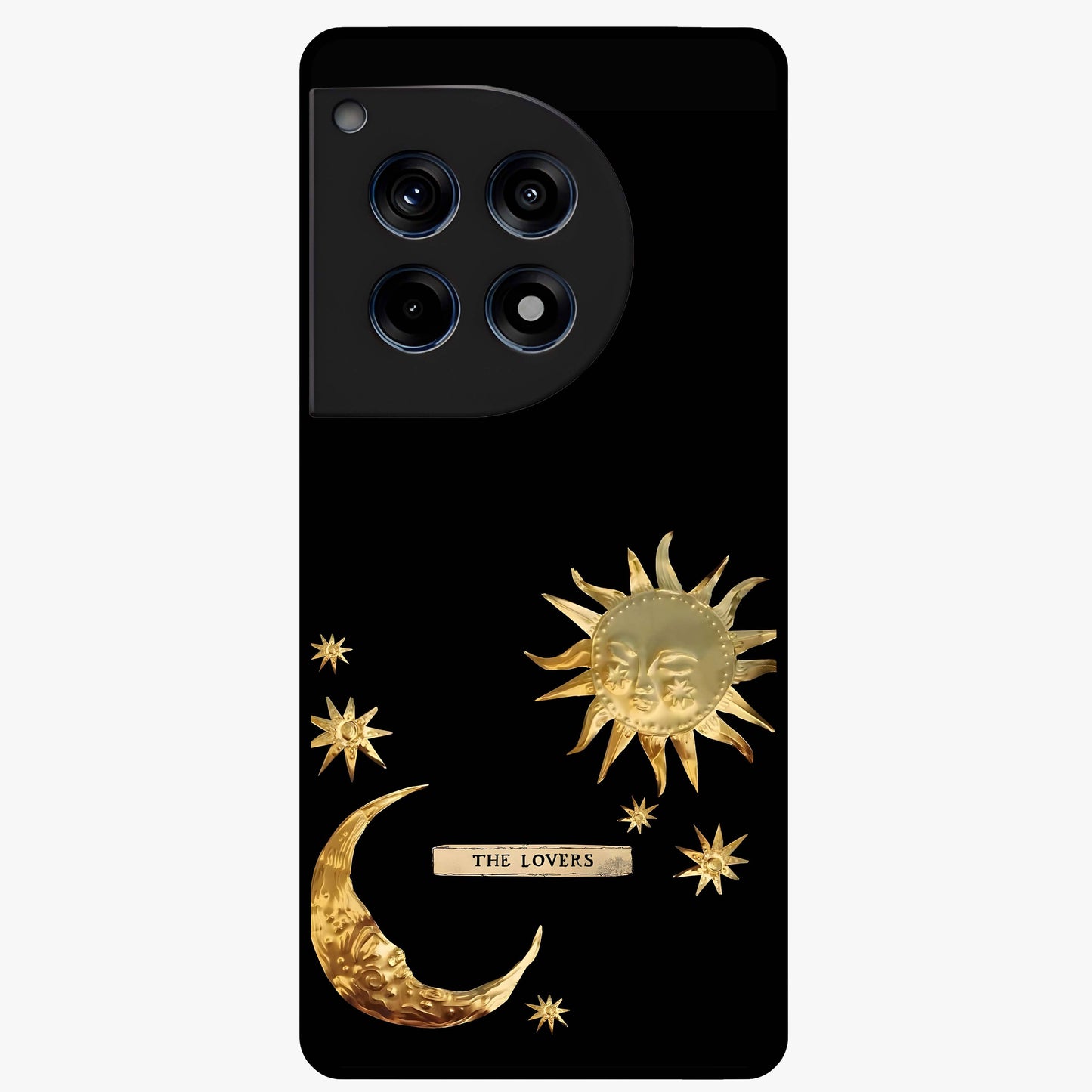 Golden Crescent Mood Glass Case for 1+12R artistic front view featuring crescent moon artwork in warm golden tones