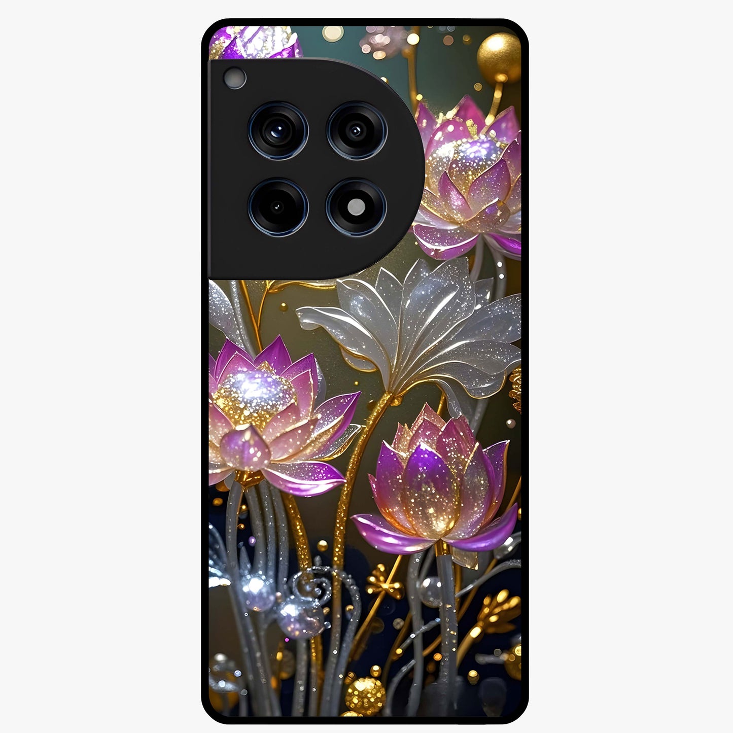 Golden Mind Moment Glass Case for 1+12R artistic front view featuring abstract golden inspired artwork