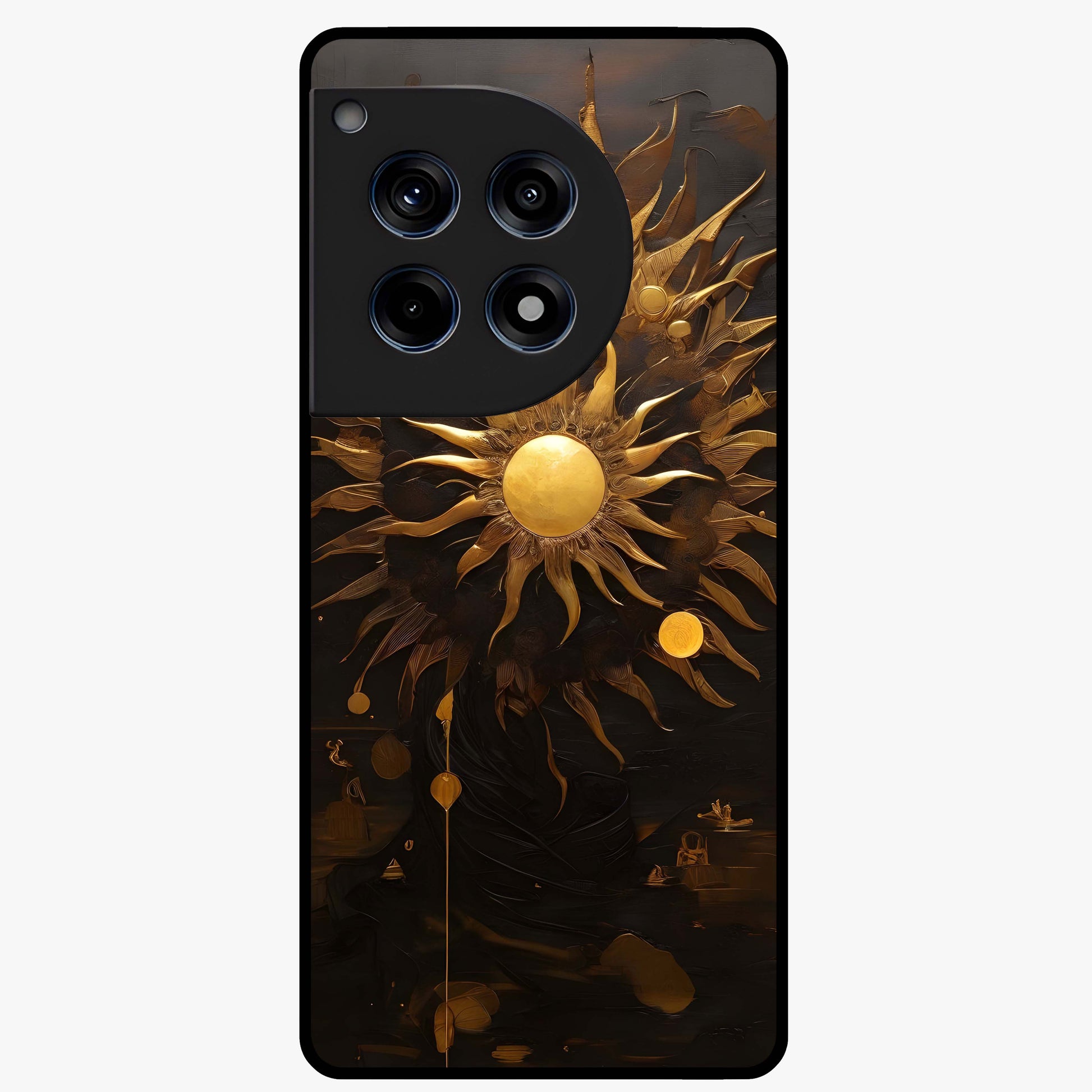 Golden Sun Minimalism Glass Case for 1+12R clean front view featuring minimalist golden sun artwork