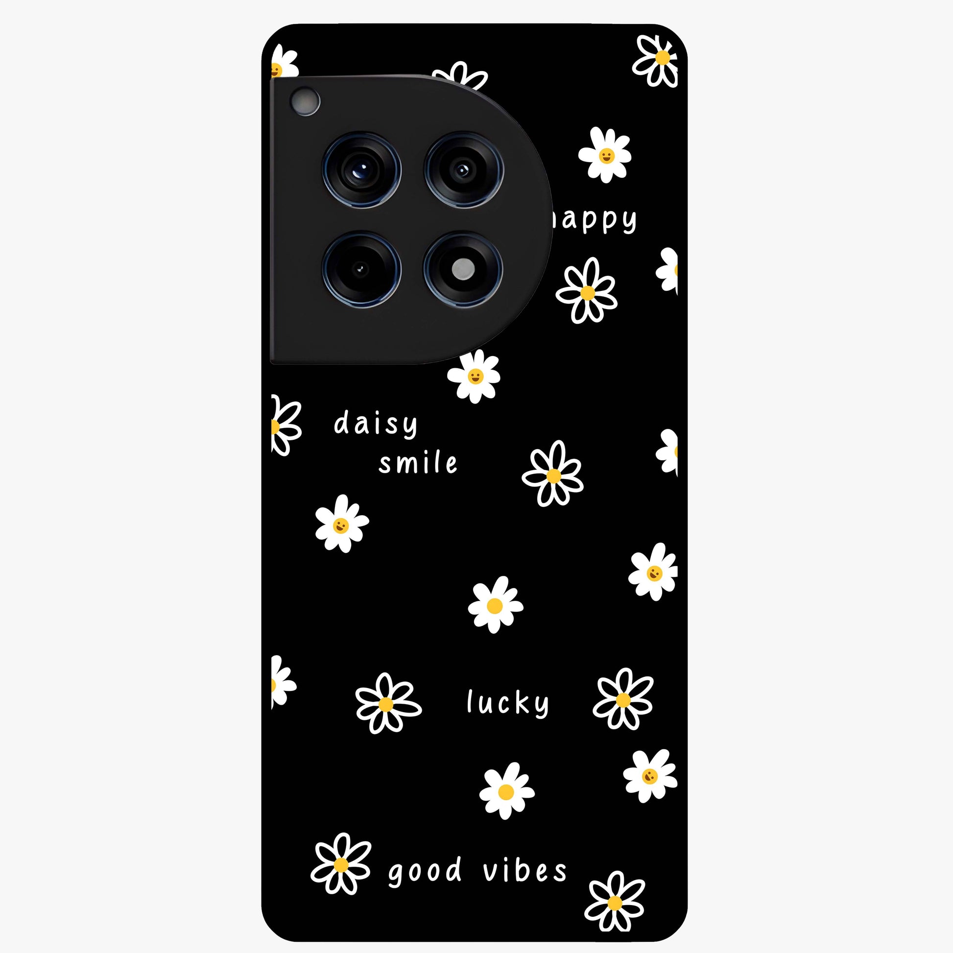 Good Vibes Daisy Black Pattern Glass Case for 1+12R stylish front view featuring white daisy artwork on black background