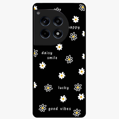 Good Vibes Daisy Black Pattern Glass Case for 1+12R stylish front view featuring white daisy artwork on black background