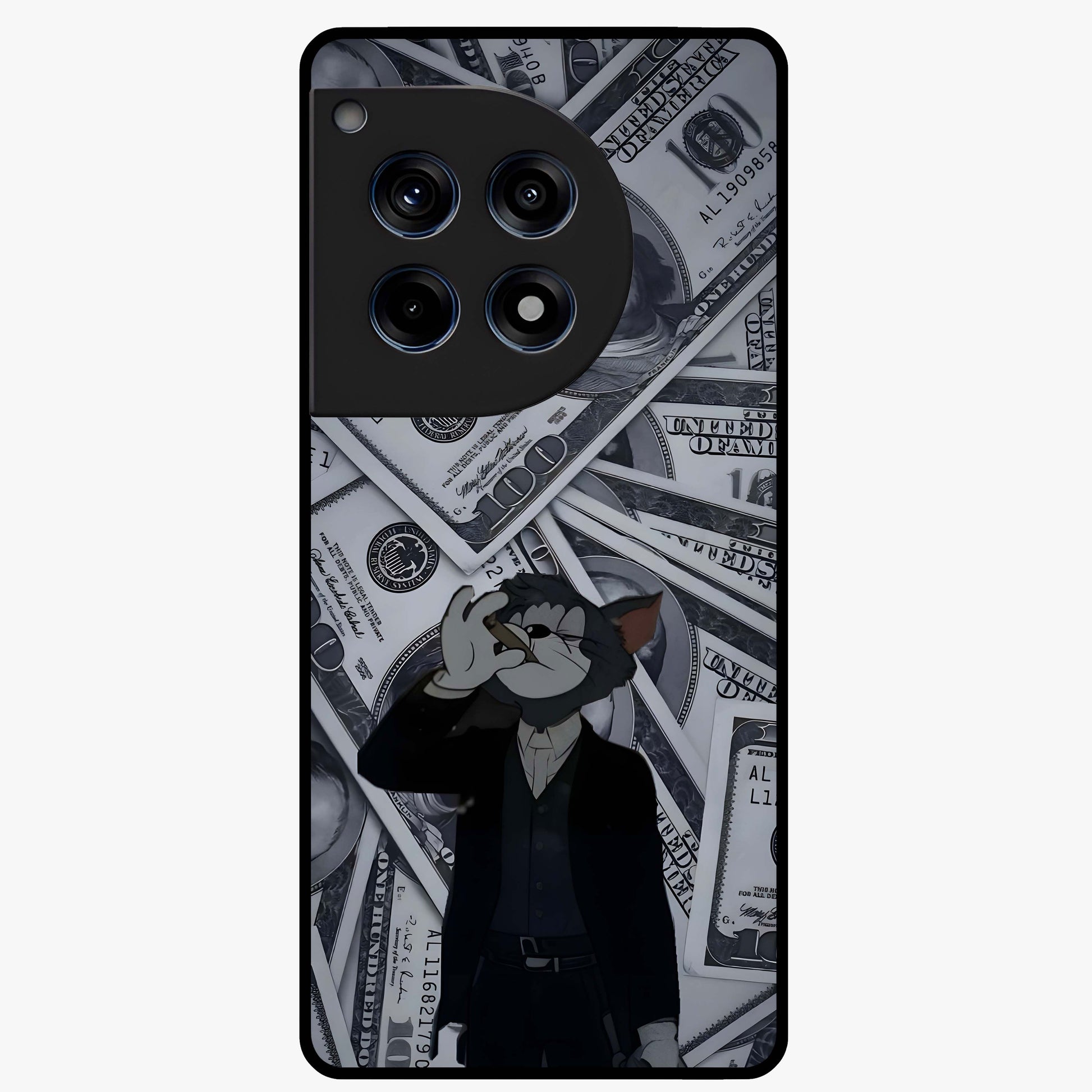 Greedy Fortune Cat Glass Case for 1+12R charming front view featuring lucky cat inspired artwork