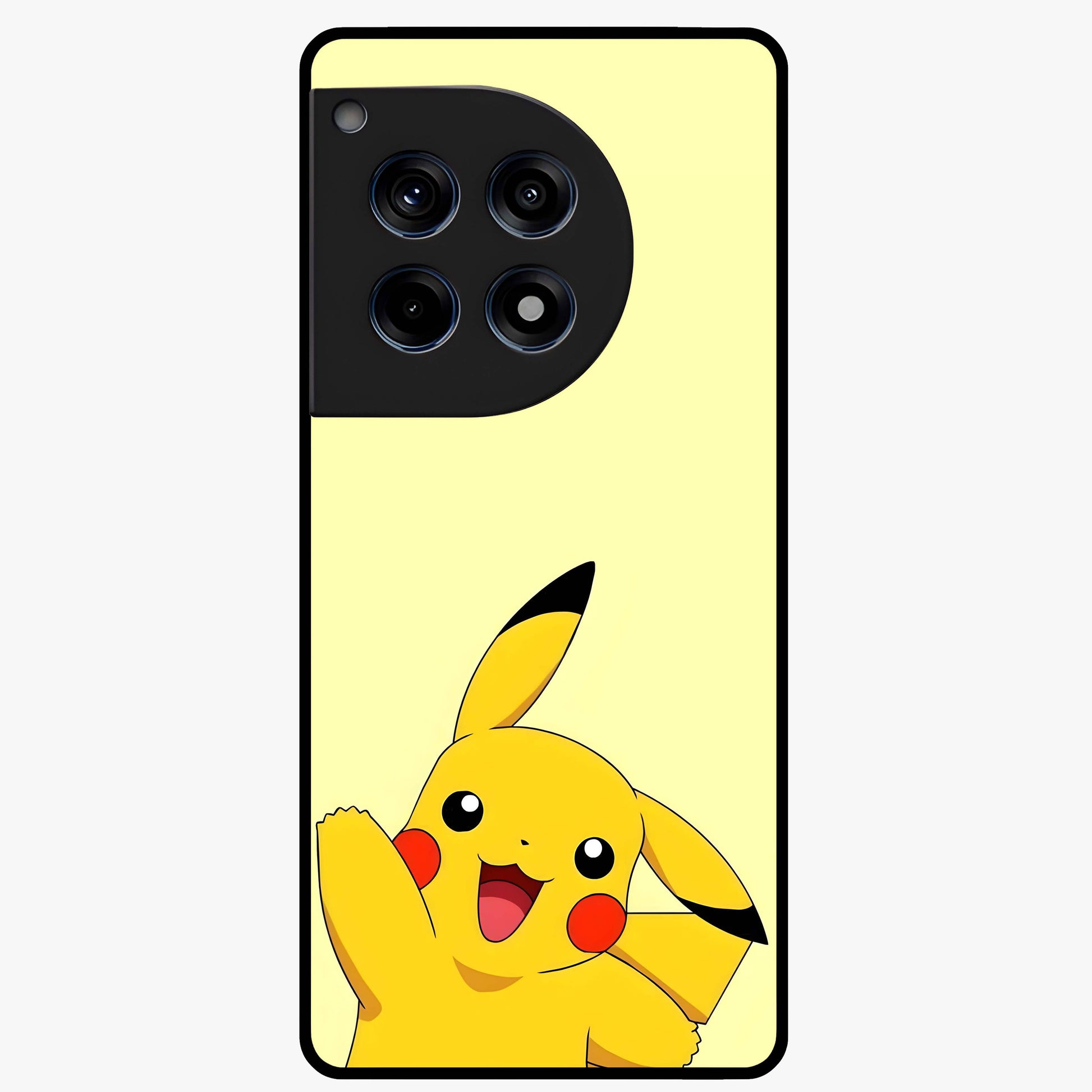 Happy Electric Pikachu Glass Case for 1+12R energetic front view featuring electric themed cartoon artwork