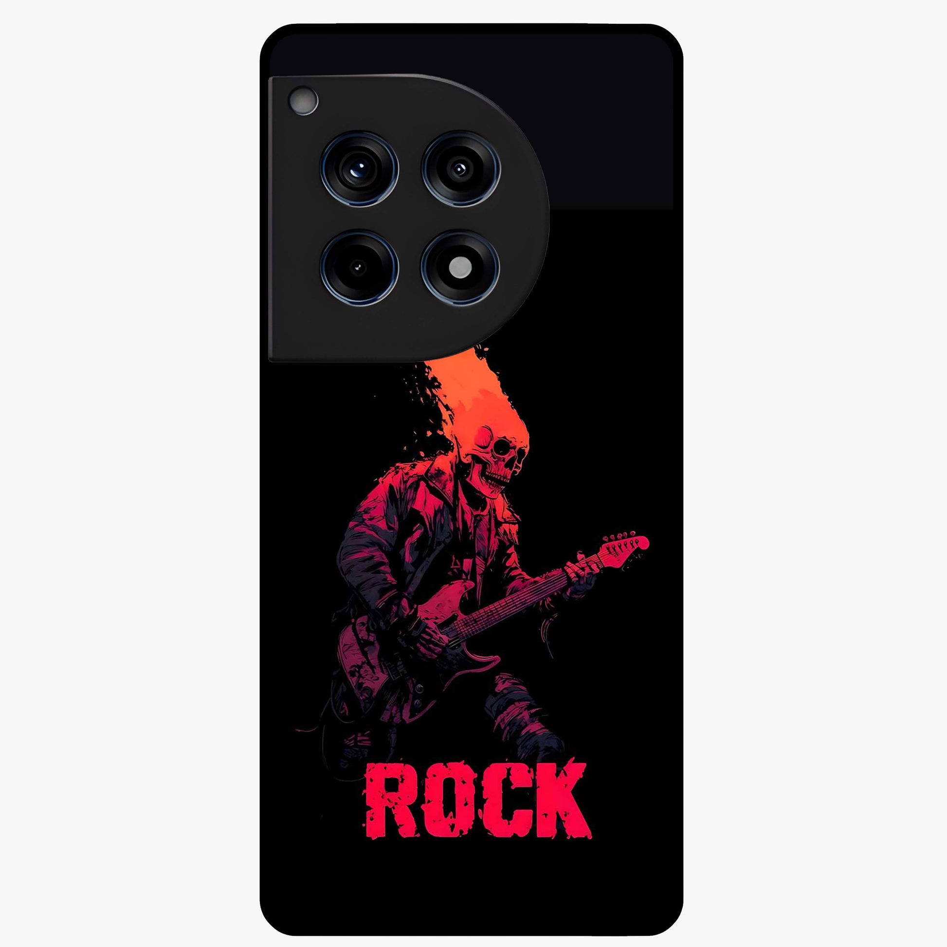 Hellfire Rock Anthem Glass Case for 1+12R showing full back design in clean flat view with fiery rock-inspired artwork and glossy glass finish.